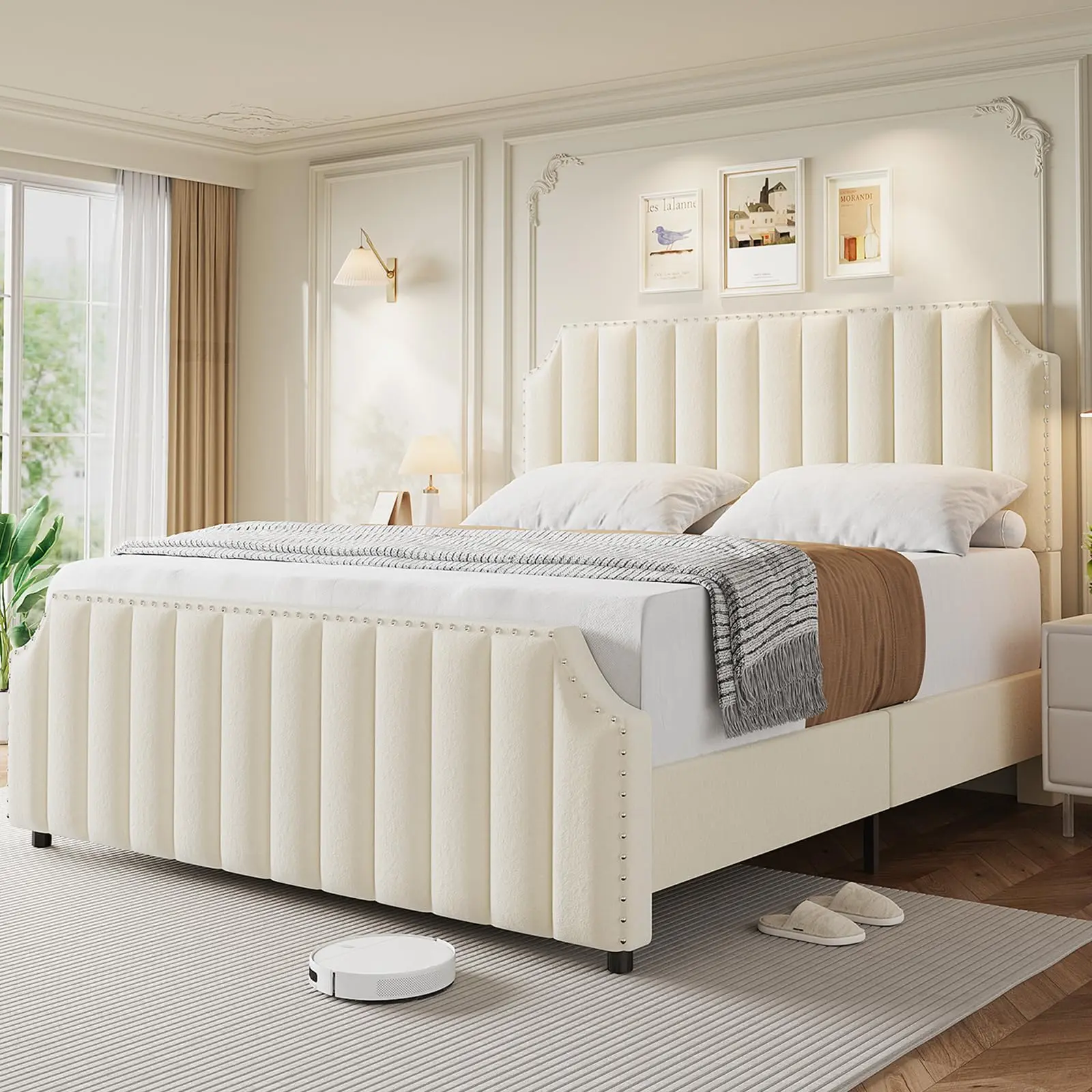 King / Queen Size Velvet Bed Frame – Vertical Upholstered Strong Wooden Slats Platform Channel Tufted 50.2″ Tall Headboard & Footboard w/ Nailhead Trim Bed Frame, Easy Assembly