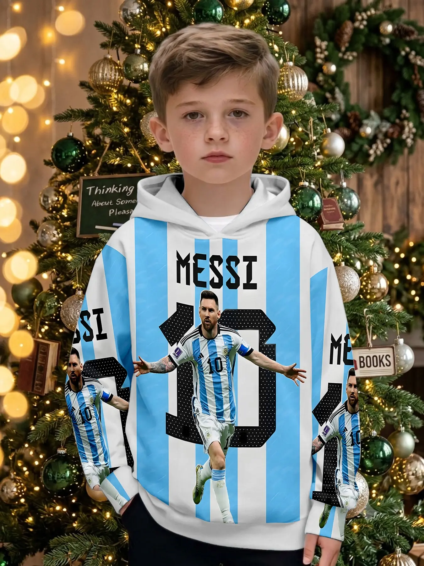 Argentina Messi No.10 Boys' Hooded Sweatshirt, Football Fan Long Sleeve Top, Outdoor Christmas Gift, All over Print, Fitted