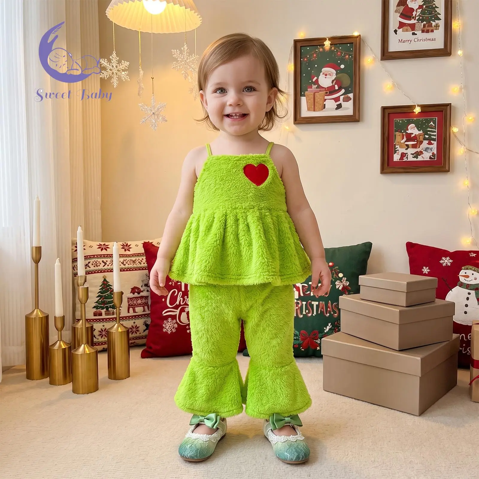 Girls Christmas Outfit Heart Embroidery Green Fuzzy Camisole & Flared Pants
