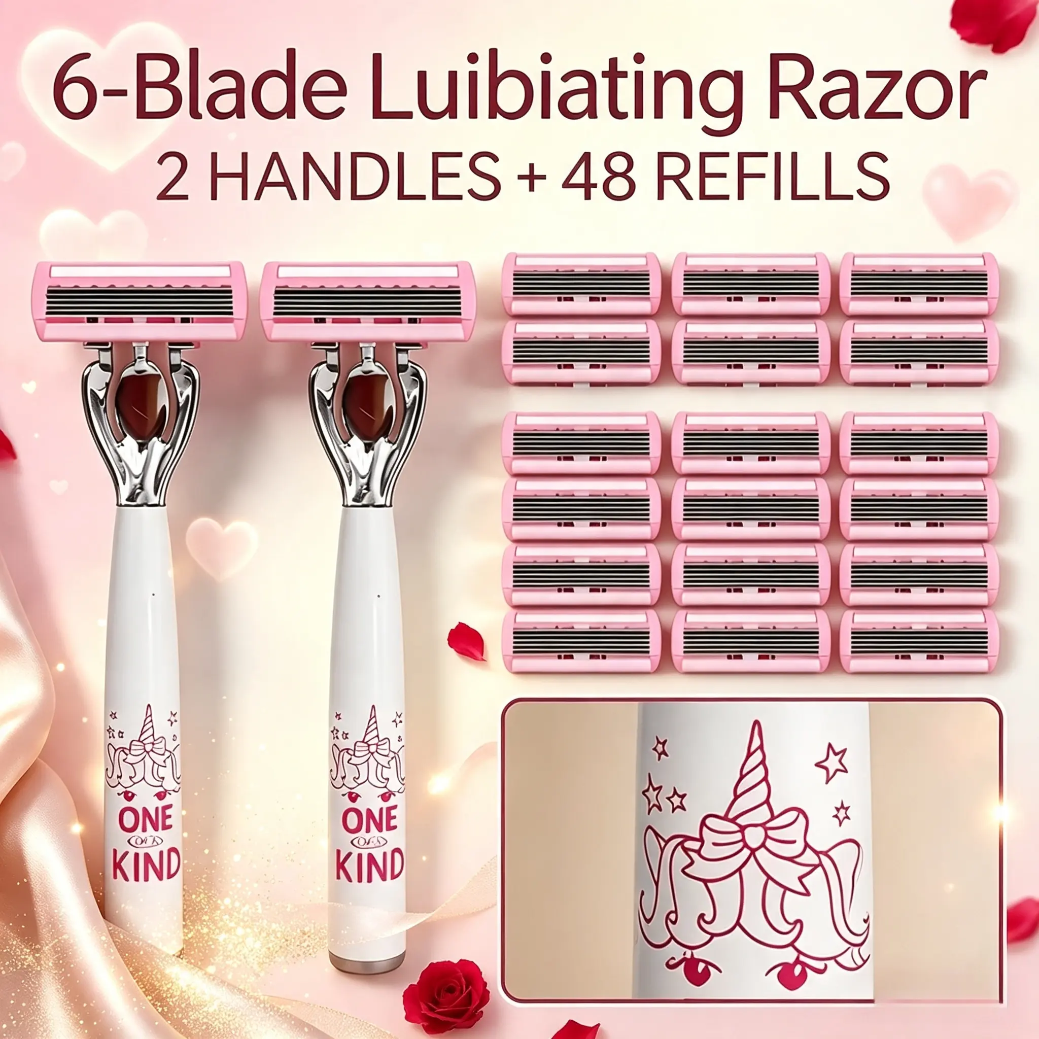 Women 6‑Blade Manual Shaving Razor With Moisturizing Lubricating Strip, Simple Printed Non‑Slip Handle, Detachable Replaceable Cartridges, Large‑Capacity Refill Combo, Home Shaving Kit for Armpit Arm Leg Full‑Body