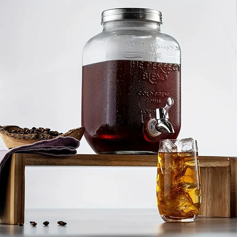 1 Gallon Cold Brew Drinking Jar, 1 Count Glass Drinking Pot with Spigot Tap, Easy Pour Water Jar for Home Office Party Picnic, Cold Brew Pitcher