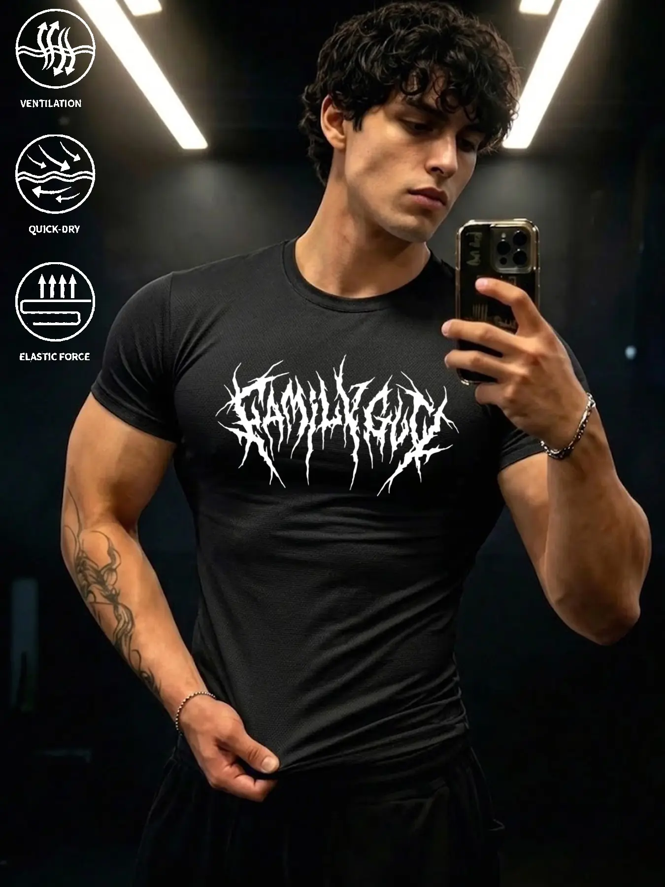 Men's Gothic Print Quick-Dry T-Shirt, Fitness Shirts, Breathable Athletic Muscle Fit Short Sleeve Tee, Athleisure Streetwear Top, Slim Compression Shirt for Outdoor Hiking, Running & Gym Workout, Short Sleeve for Daily Wear