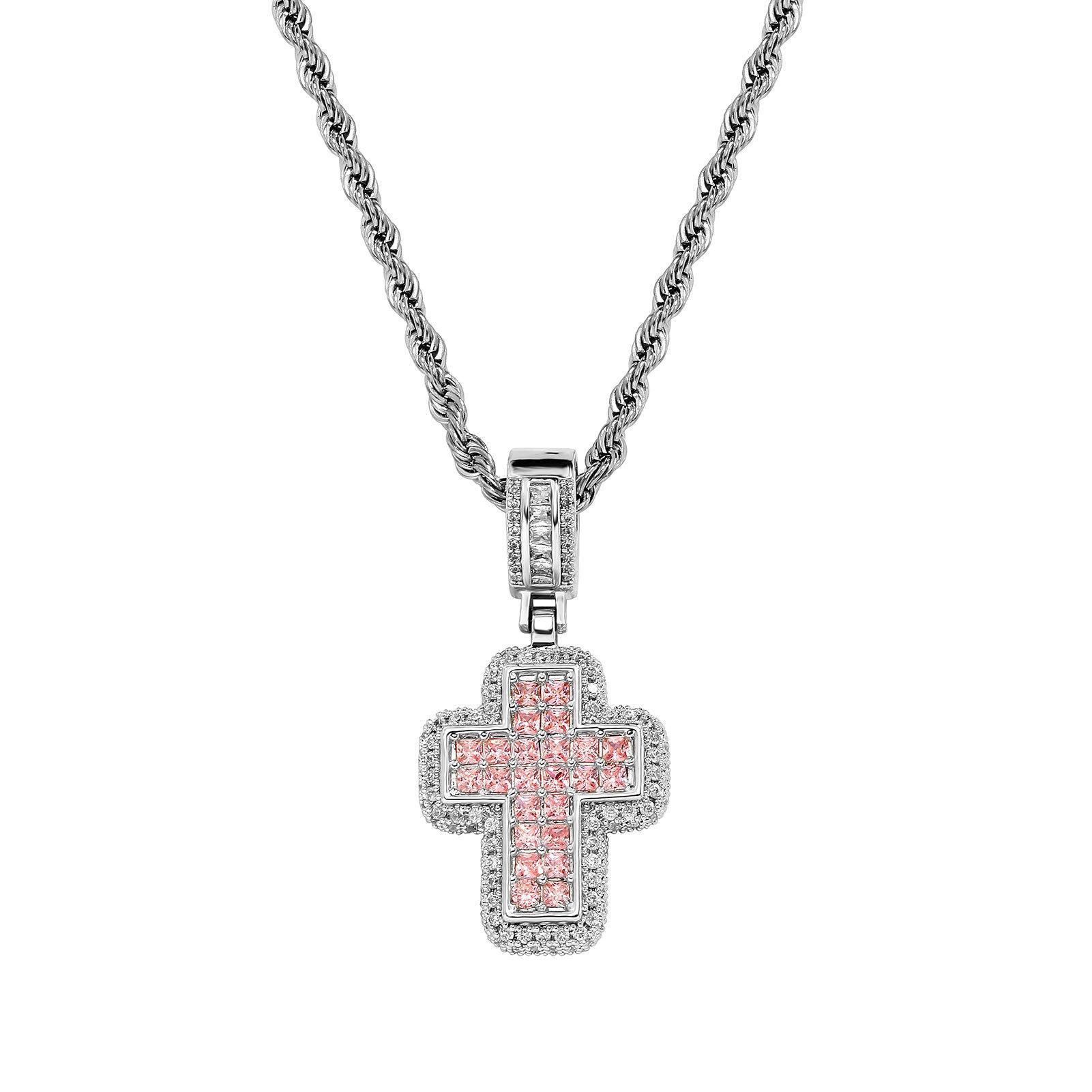 Hip-Hop Fashion T-Shaped Zircon Pink Cross Necklace, Unique European And American Street Style Accessory