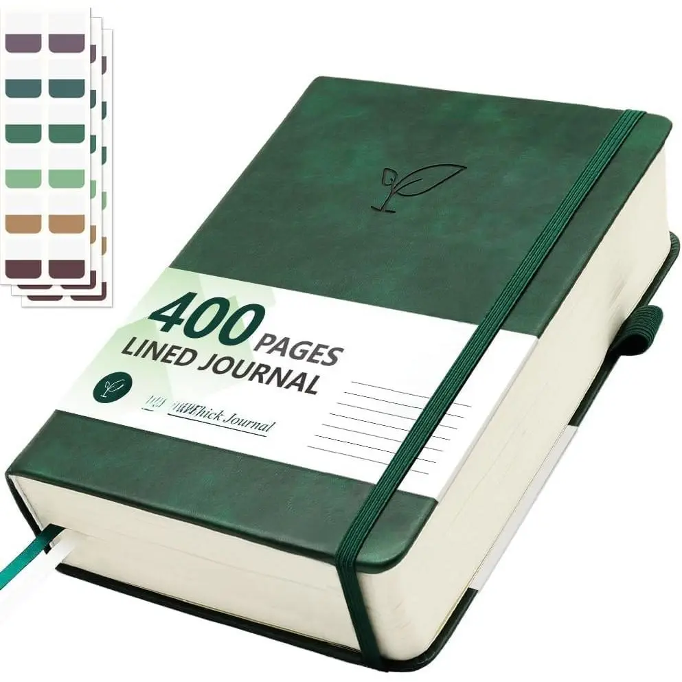 Minimalist A5 Hardcover Faux Leather Lined Journal Notebook, 400 Pages 100Gsm College Lines Paper, Flat Laying with Index Tabs, 5.8"x8.4" Green for Work Note-Taking