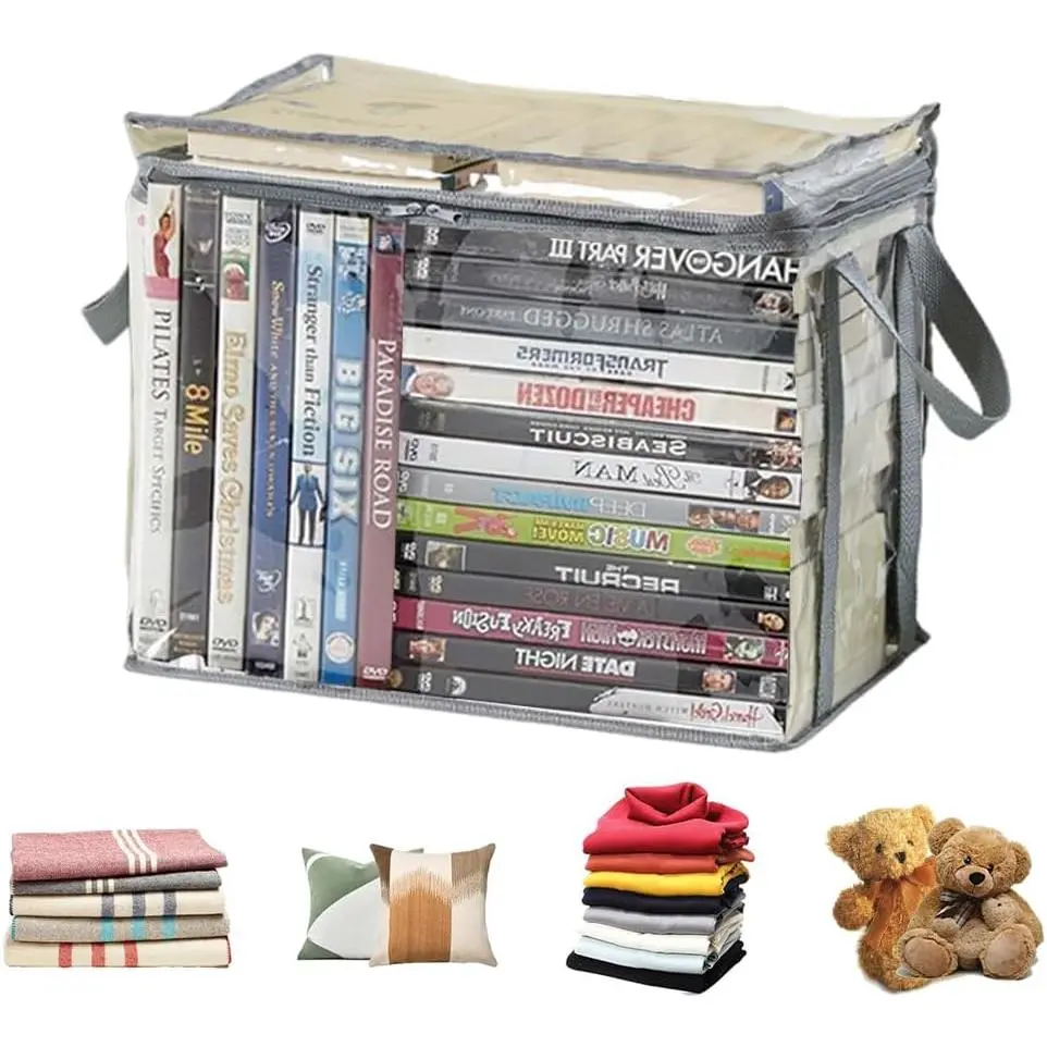 Clear Zippered Organizers Largesize,Moving Storage Bags with Reinforced Handles,Closet Organizers and Storage Container for Book DVD Blu Ray Disc Clothing,15''x12.5''x9.5''