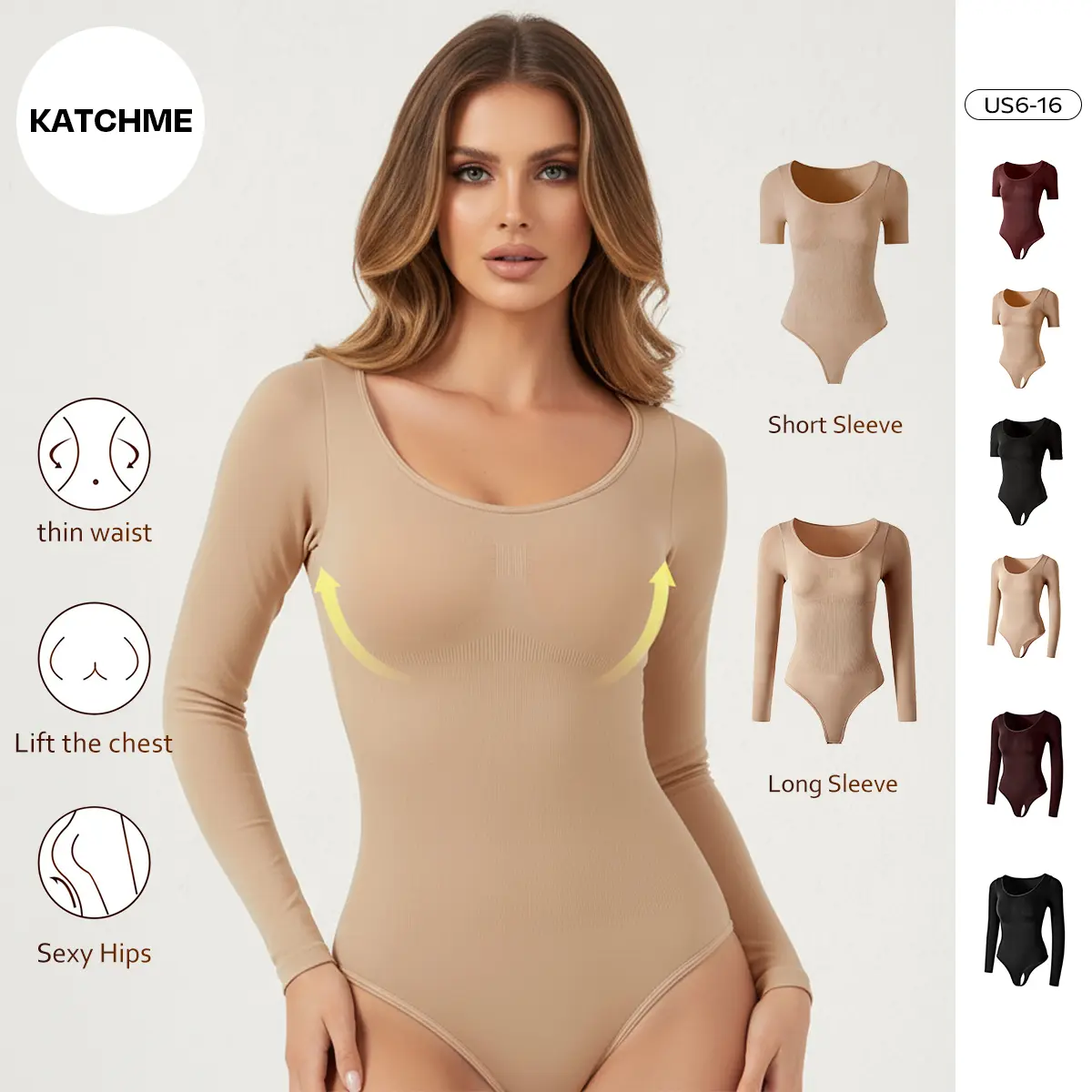 KatchMe Women's Minimalist U-Neck Seamless Long Sleeve Bodysuit, Solid Color Stretch Lifting Design Shapewear, Lightweight Bodycon Womenswear