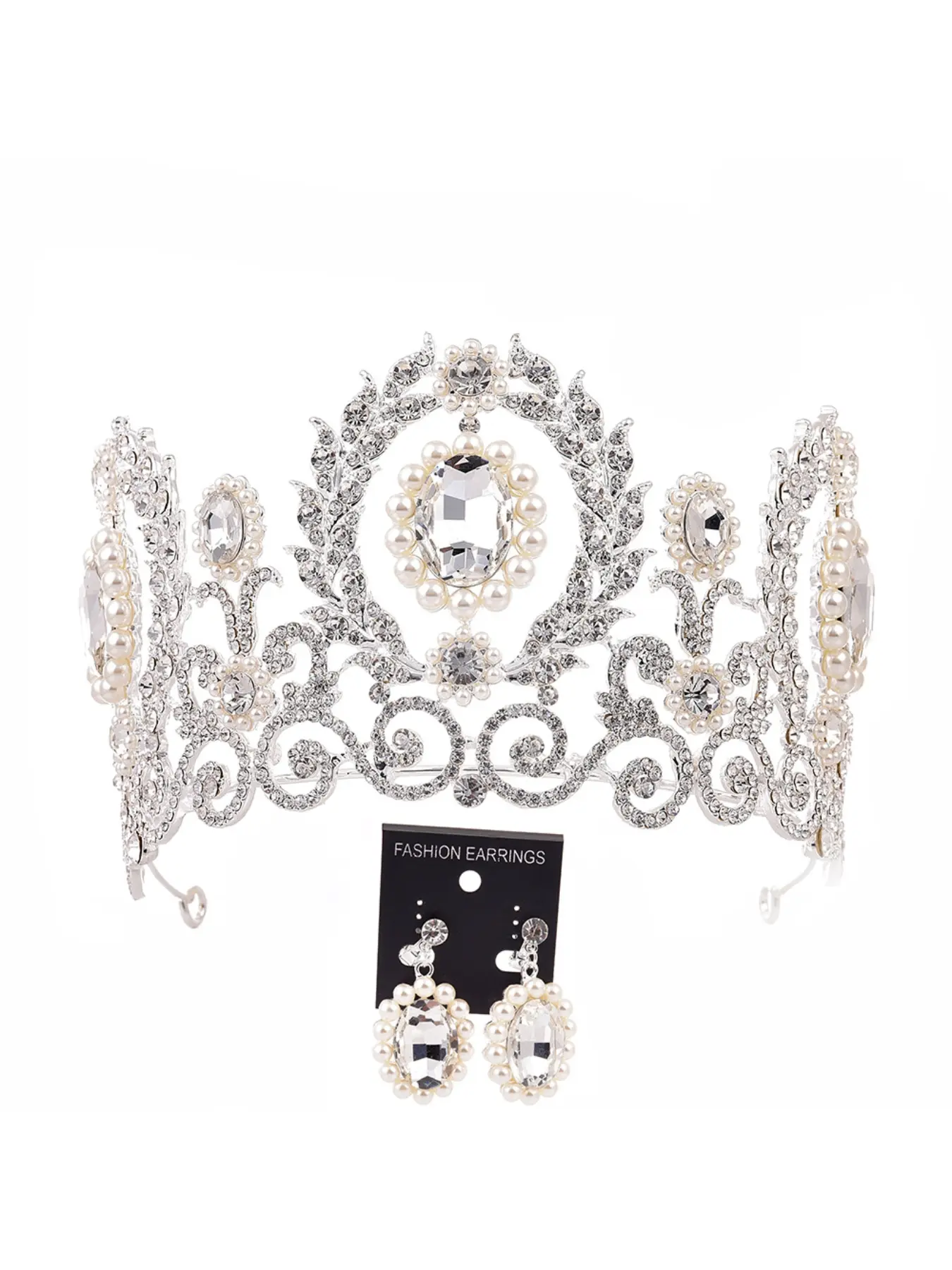 Bridal Headpiece Crown Earrings Set Baroque Vintage Large Crown Leaf Rhinestone Pearl Wedding Accessories