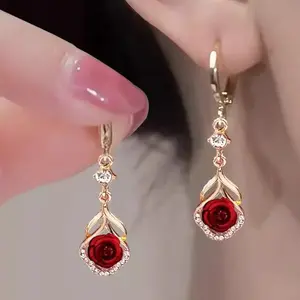 Jelly tiny puff Luxury Rose Drop Earrings - 14K Gold Plated with Sparkling Crystal, Elegant Tassel Design Chic Fashion Statement Jewelry for Women, Perfect Accessory Gift for Birthday Anniversary Wedding Party Daily Wear, Romantic Water Drop Earrings with