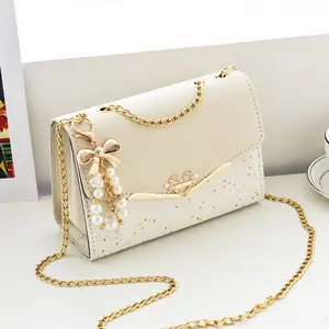 Cute Quilted Faux Leather Crossbody Bag, Elegant Mini Shoulder Handbag with Heart Lock, Pearl Bow Charm & Adjustable Chain Strap