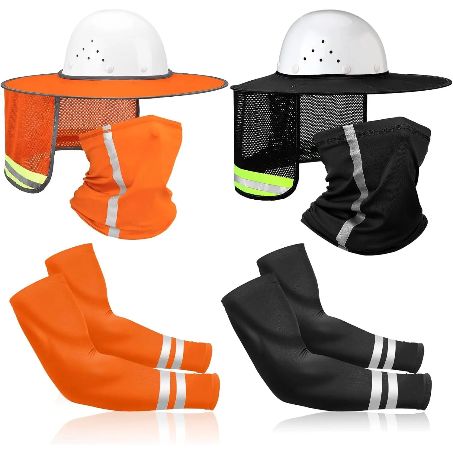 8 Pcs Hard Hat Sun Shade, Full Brim Mesh Visor Shield with Sun Protection & Reflective Strips, Neck Gaiter Scarf, UV Arm Sleeves, Construction Helmet Hard Hat Accessories