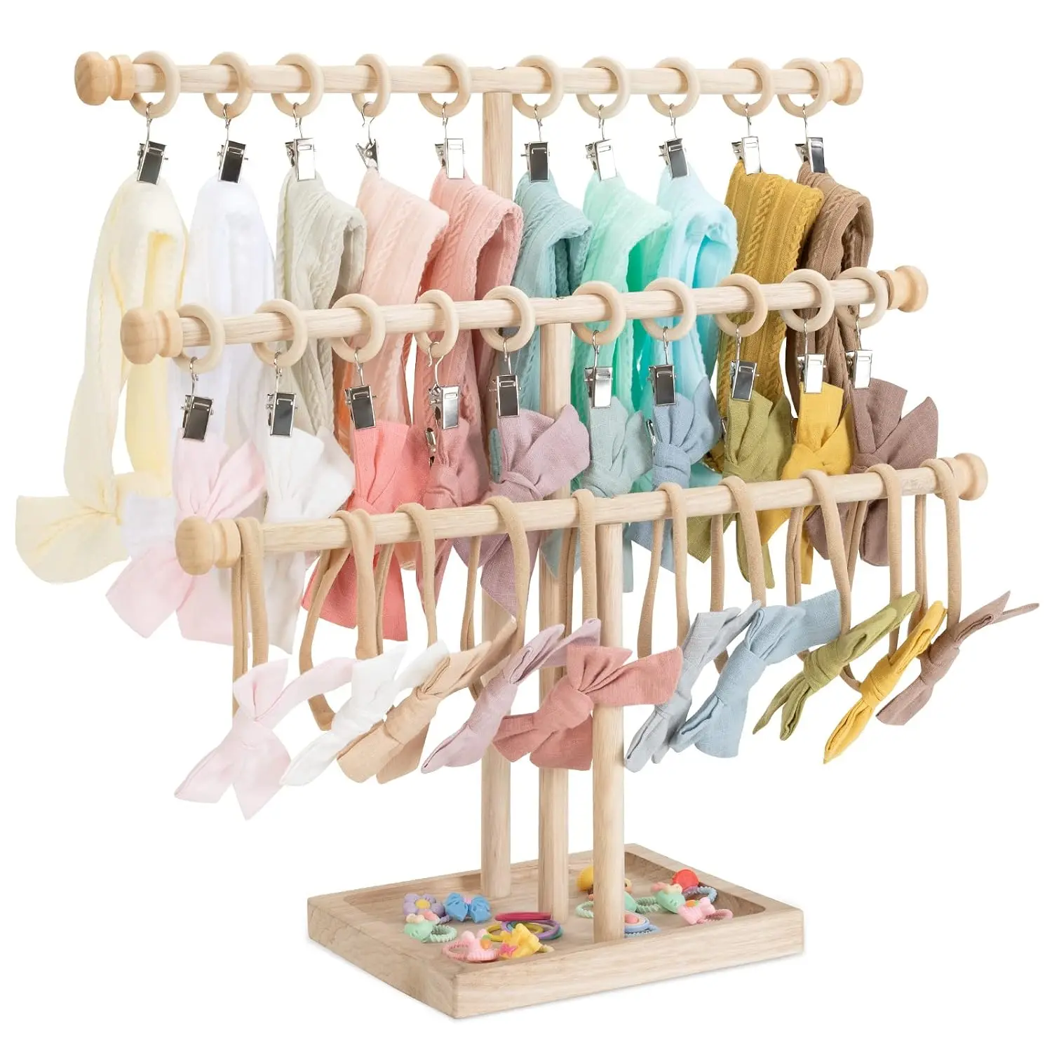 Headband Holder Stand Storage for Baby, 3 Tier Wooden Bow Organizer for Girls Hair Bows, Infant Hair Accessories Rack Display for Nursery Decor