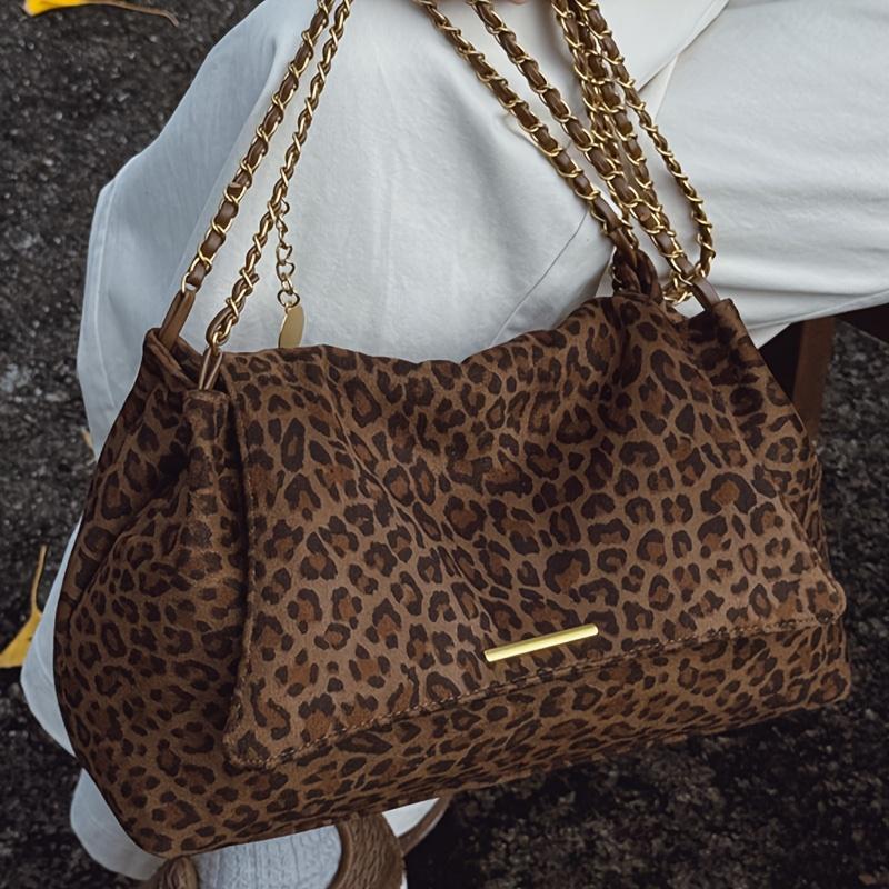 Women's Faux Suede Leopard Print Tote Bag, Large Capacity Chain Shoulder Bag with Phone Pouch, Coin Purse & Cosmetic Bag for Daily Commute