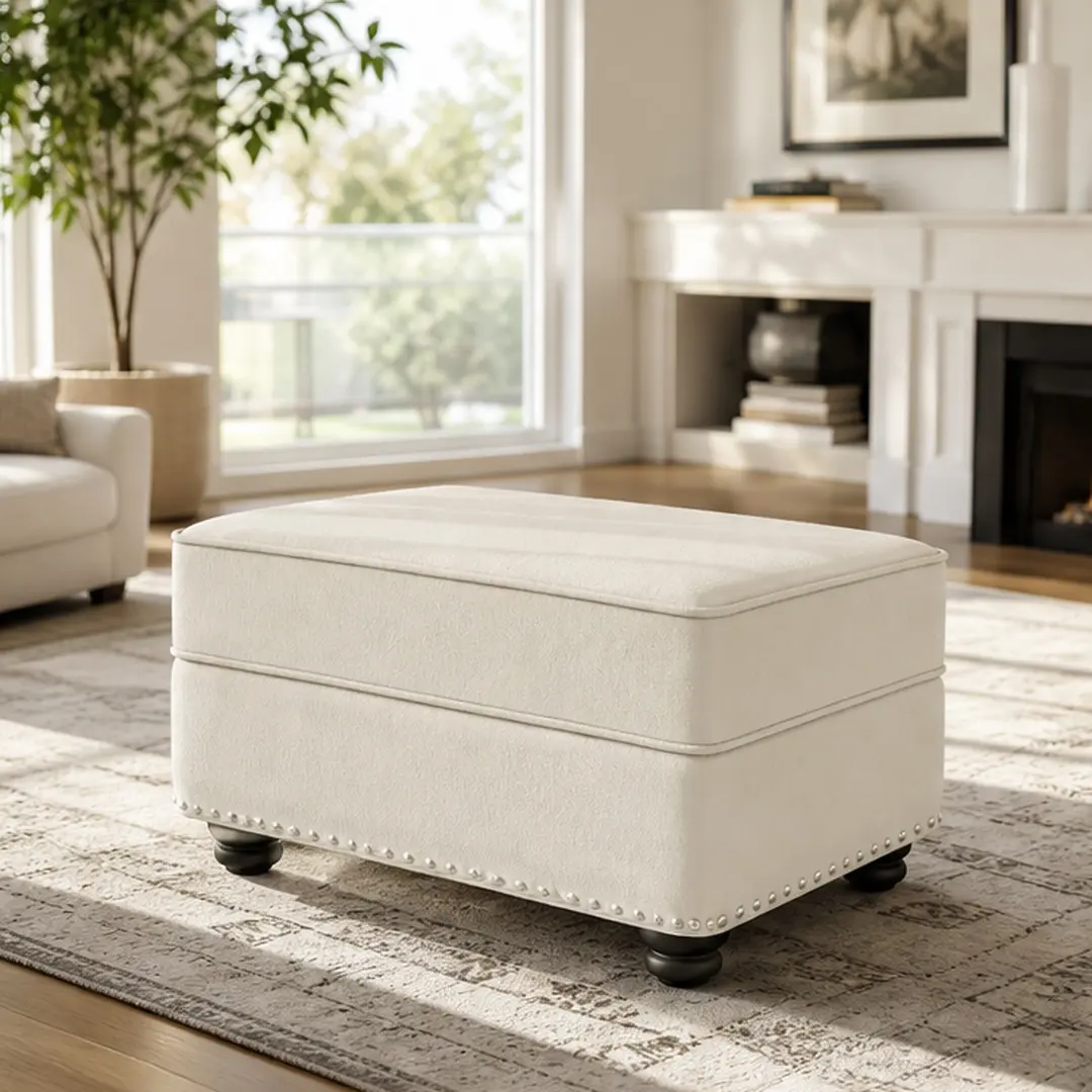ARCH Velvet Upholstered Modern Multifunctional Ottoman Footstool - Beige/White Options, Solid Clean Design Extra Seat for Living Room, Compatible with 1/2/3-Seater Sofa or Small Coffee Table, Easy Assembly Required for Apartments, Multifunctional Stool, M