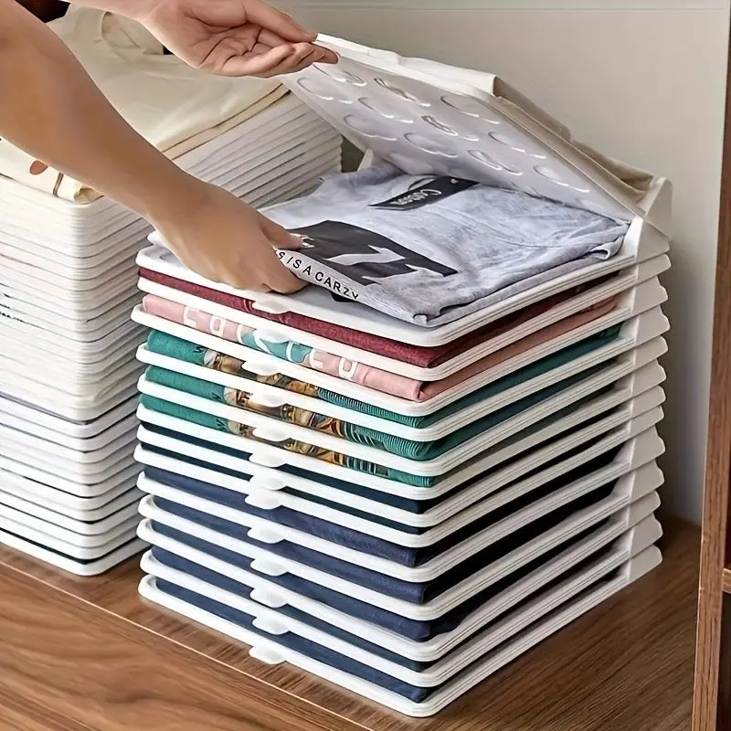10pcs/5pcs Stackable Plastic Clothing Folders - Portable "We Come from Elsewhere" Design Shirt & T-Shirt Organizers, Compact Space-Saving Neutral-Colored Storage Boxes for Wardrobe Closet Home Organization