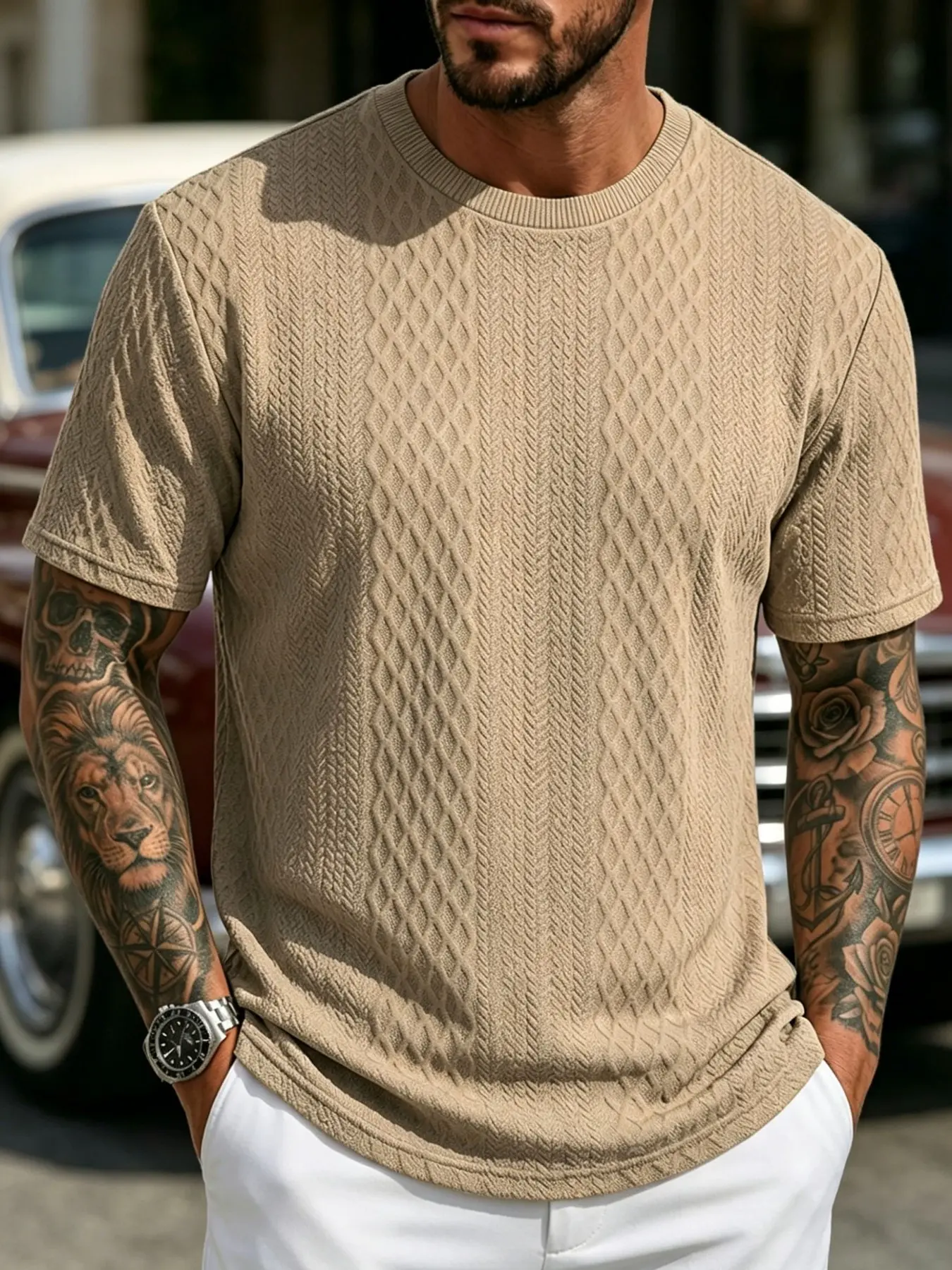 Men's Textured Knit Crew Neck T-Shirt, Diamond Jacquard Pattern Short Sleeve Casual Top, Breathable Slim Fit Solid Tee for Daily Commute & Vacation, 6 Colors Available in S-3XL, Casual Comfy Breathable
