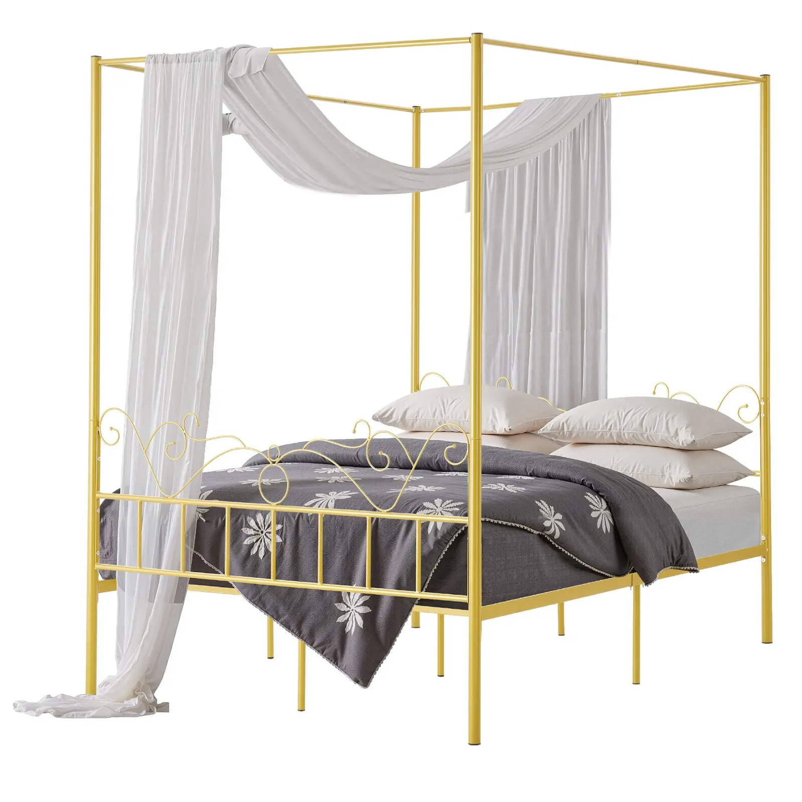 VEVOR Queen Size Canopy Bed Frame, Metal Canopy Bed with Minimalist Headboard Four Posters Design, Heavy Duty Steel Slats Support, Underbed Storage Space, No Box Spring Needed, Easy Assembly, Gold