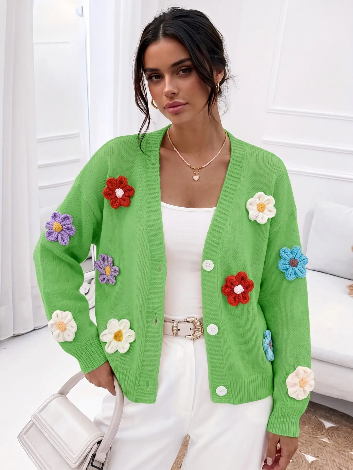 New Fall Winter Women's V-Neck Button Cardigan, Unique Design 3D Flower Pattern, Loose Long Sleeve Sweet Sweater, Elegant Casual Fashion Top