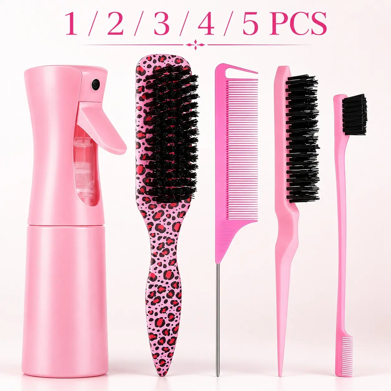 2/3/4/5Pcs Hair Styling Tools Set, Pink Detangler Brush, Rat Tail Comb, Teasing Brush, Edge Brush & Fine Mist Spray Bottle, Salon Haircare for Women