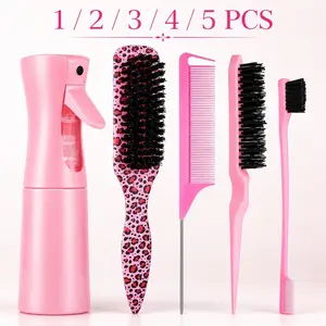 1/2/3/4/5Pcs Hair Styling Tools Set, Pink Detangling Brush, Rat Tail Comb, Teasing Brush, Edge Brush & Fine Mist Spray Bottle for Sectioning, Smoothing, Parting, Edge Styling, Salon Hair Care for Women & Girls