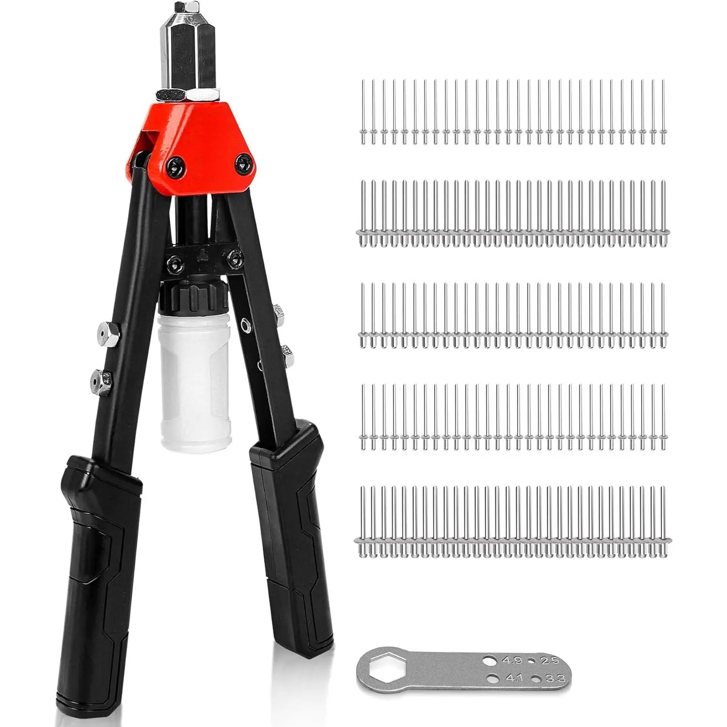 5-in-1 Rivet Gun with 150Pcs Rivets 13" Pop Rivet Tool with Portable Wrench and Rivets Collecting Bottle Heavy Duty Hand Riveter  Metal, Aluminum, Steel HT0435-HR