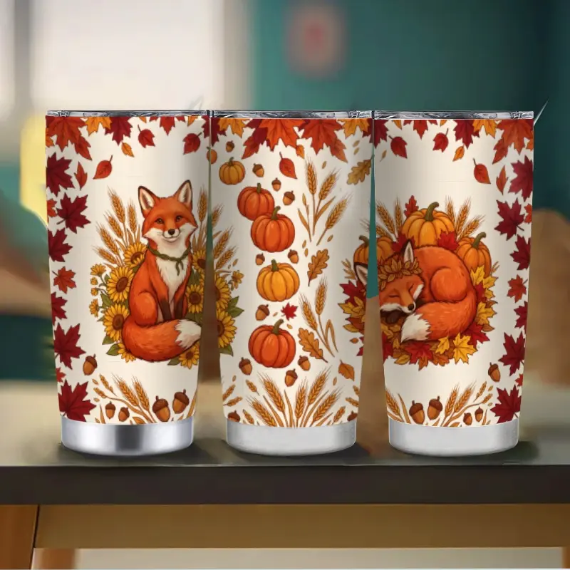 Portable Stainless Steel Insulated Tumbler - Insulated Cup, Water Bottle with Straw & Lid, Cute Fox Pumpkin Sunflower Maple Leaf Design Beverage Holder for Hot & Cold Drinks, Fall Gift for Fox Lovers, Coffee, Sturdy, Flasks