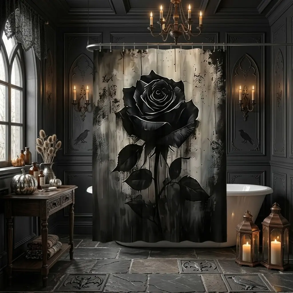 1pcs Gothic Halloween Shower Curtain, Grunge Drip Ink Texture, Rose Art Print, Dark Moody Aesthetic, Spooky Holiday Bathroom Drape