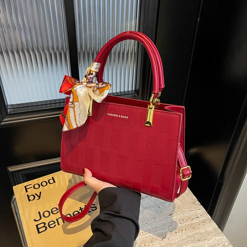 Everyday Work Bag for Women, Structured Tote Purse with Top Handles & Shoulder Strap for Phone, Wallet, Makeup & Essentials Structured Top Handle Satchel Bag for Women, Elegant Work Tote Purse with Scarf Accent, Crossbody Strap & Gold Hardware