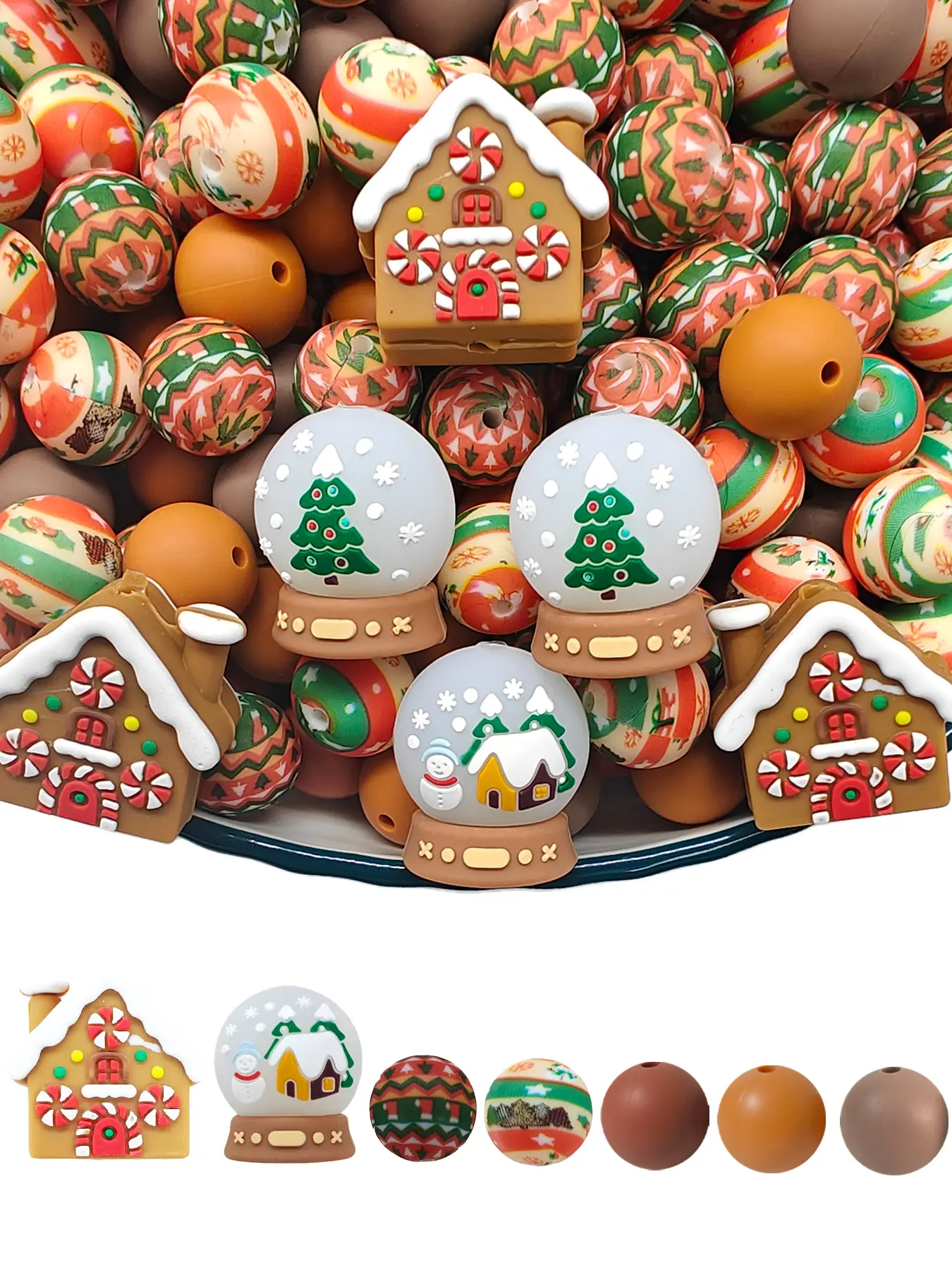 44pcs Christmas Gingerbread House Crystal Ball Silicone Beads Set, Festive Geometric and Patterned Beads, Ideal for DIY Jewelry Making