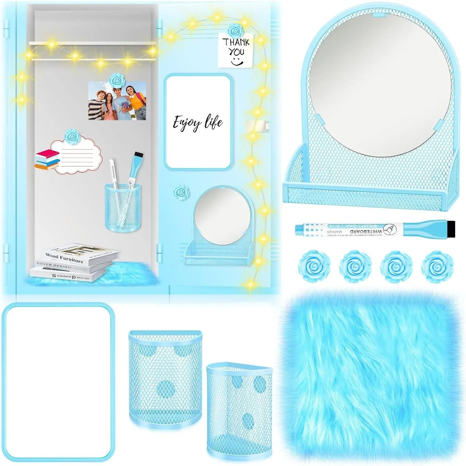 8 Pcs Blue Locker Accessories Kit Blue Magnetic Mirror, Magnetic Pen Holders, Cute Flower Magnets, Locker Organizer Supplies Back to School Stuff Gift Locker Accessories for Girls