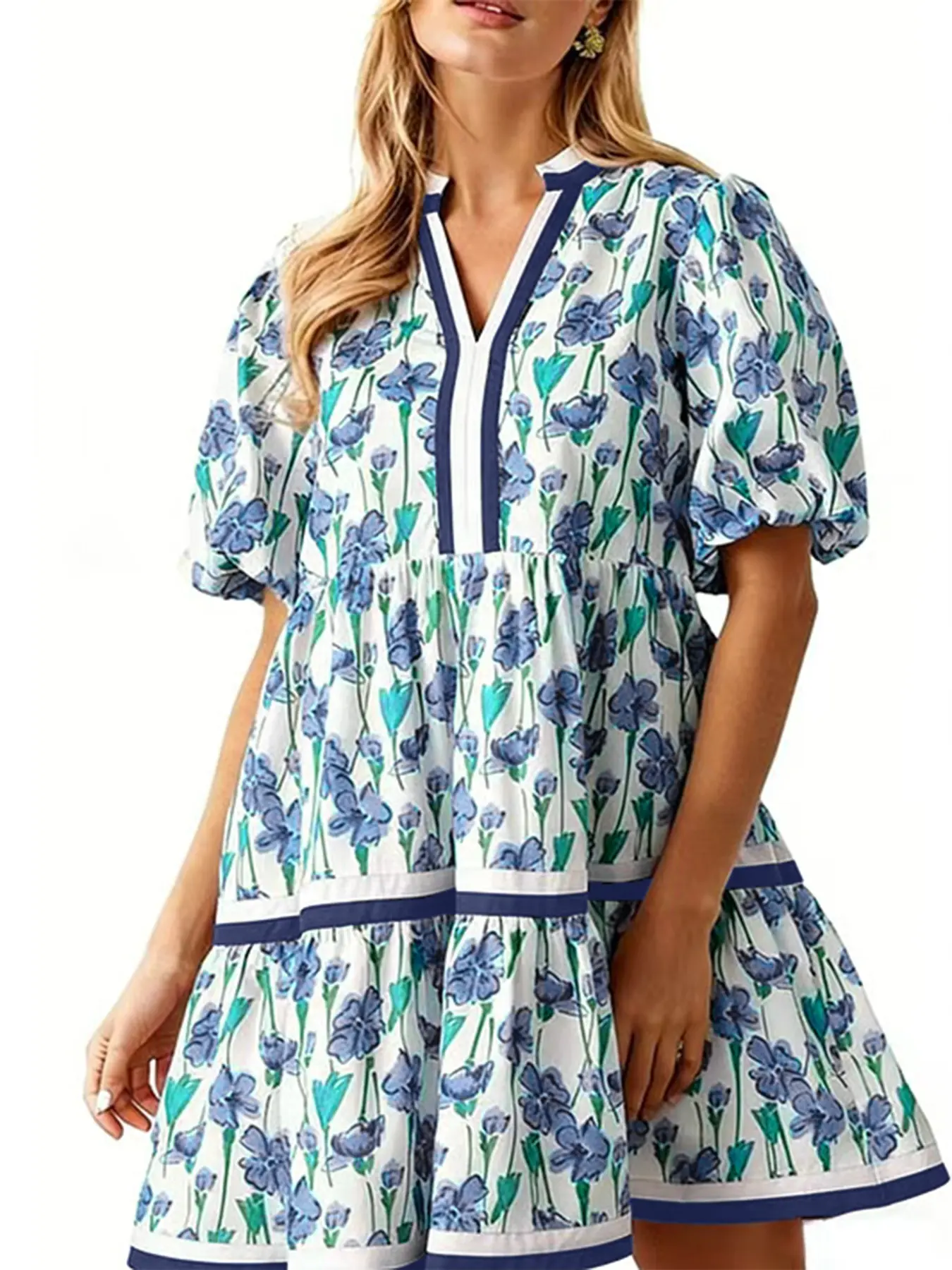 Floral Print Elegant Cute Dress for Women, Summer Bubble Sleeve Babydoll Skirt, Fresh Country Style Short Dress for Dates and Dinners