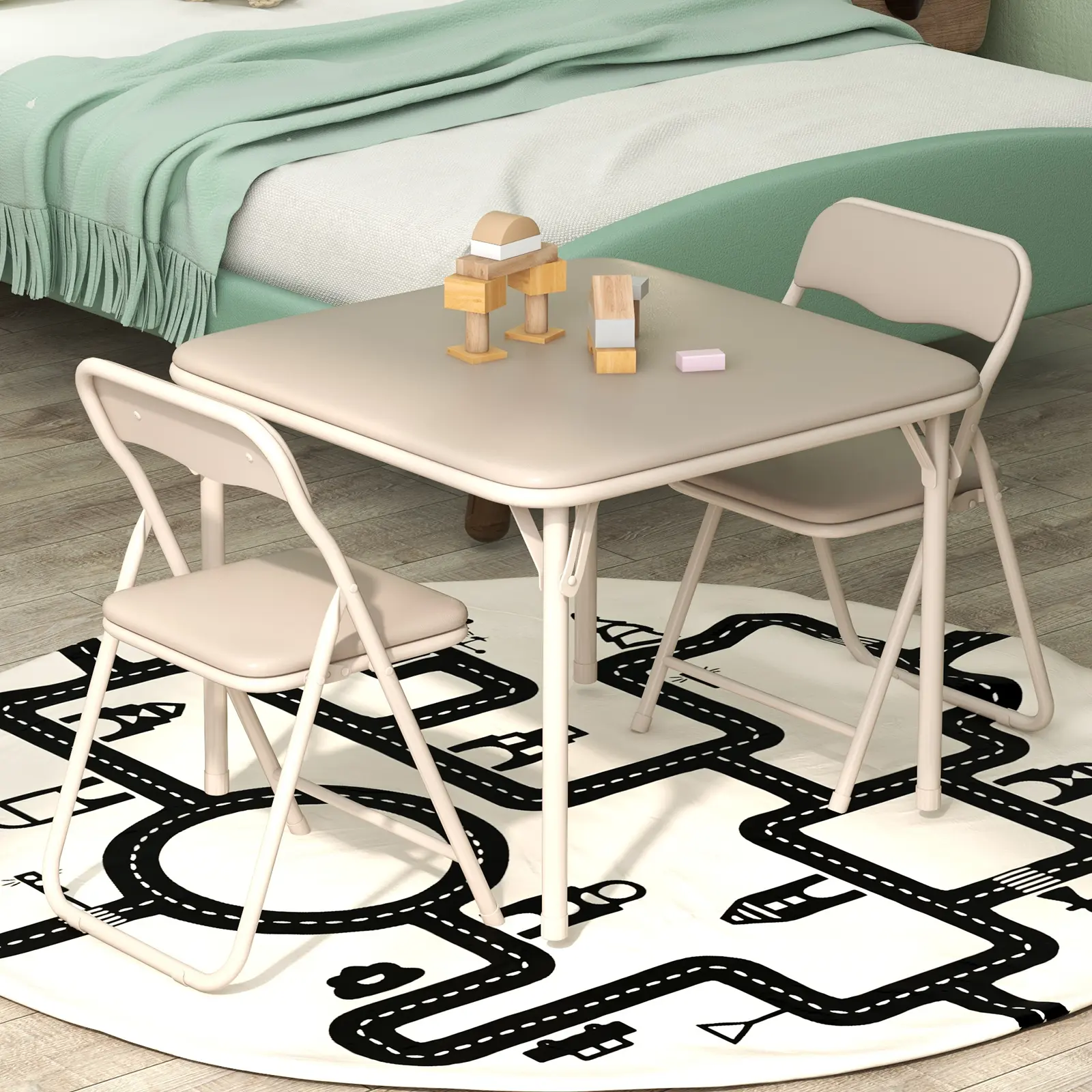 Kids Folding Table and Chairs Set, 3-Piece Portable Activity Furniture – PU Soft Cushioned Seats, Space-Saving Indoor/Outdoor Desk and Chair – Great for Boys, Girls, Eating, Reading, Play
