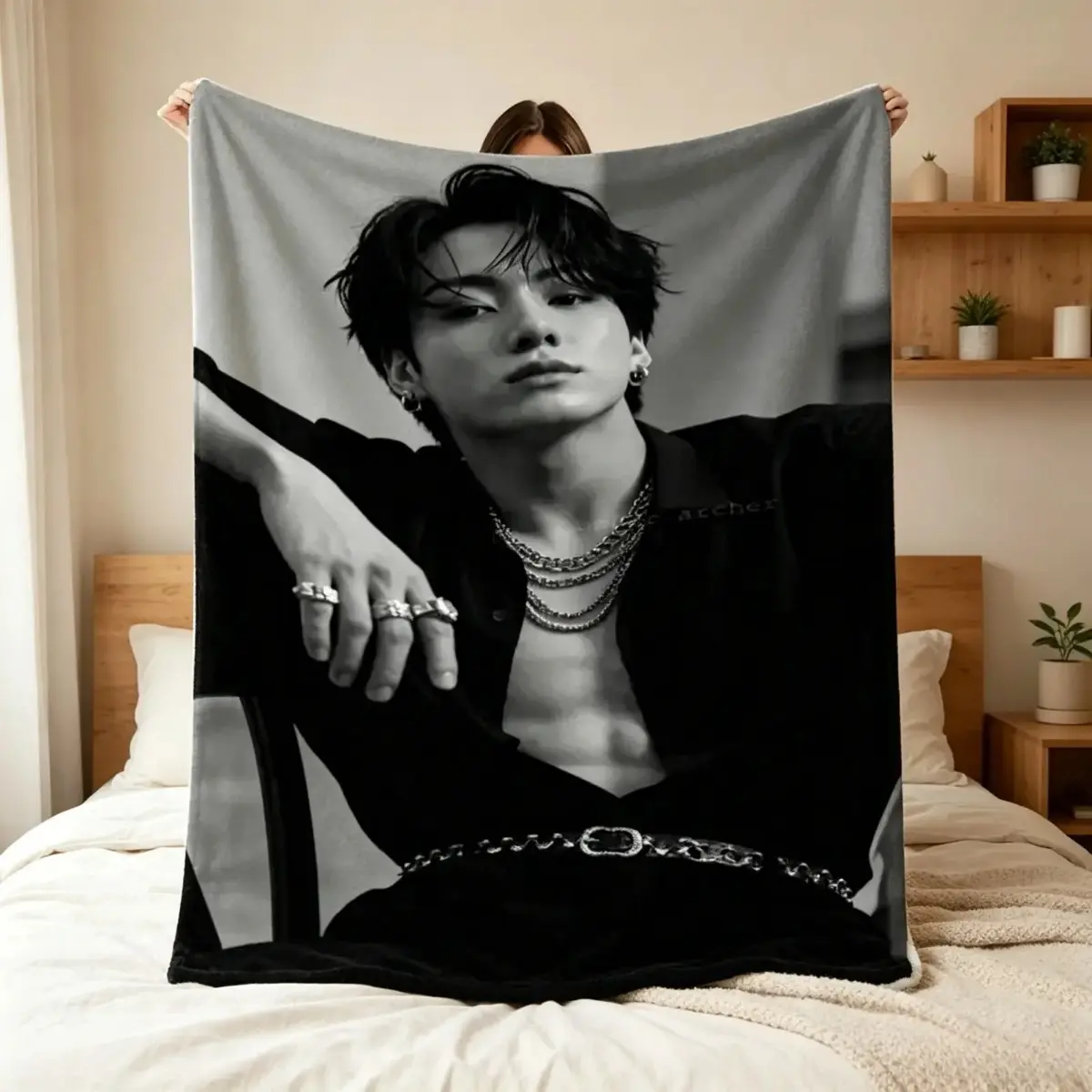 Jungkook Inspired Funny Flannel Blanket, Cute Idol Aesthetic Graphic Throw, Super Soft Cozy Throw, Lightweight Sofa Bed Travel Blanket, K-Pop Fan Room Decor Gift