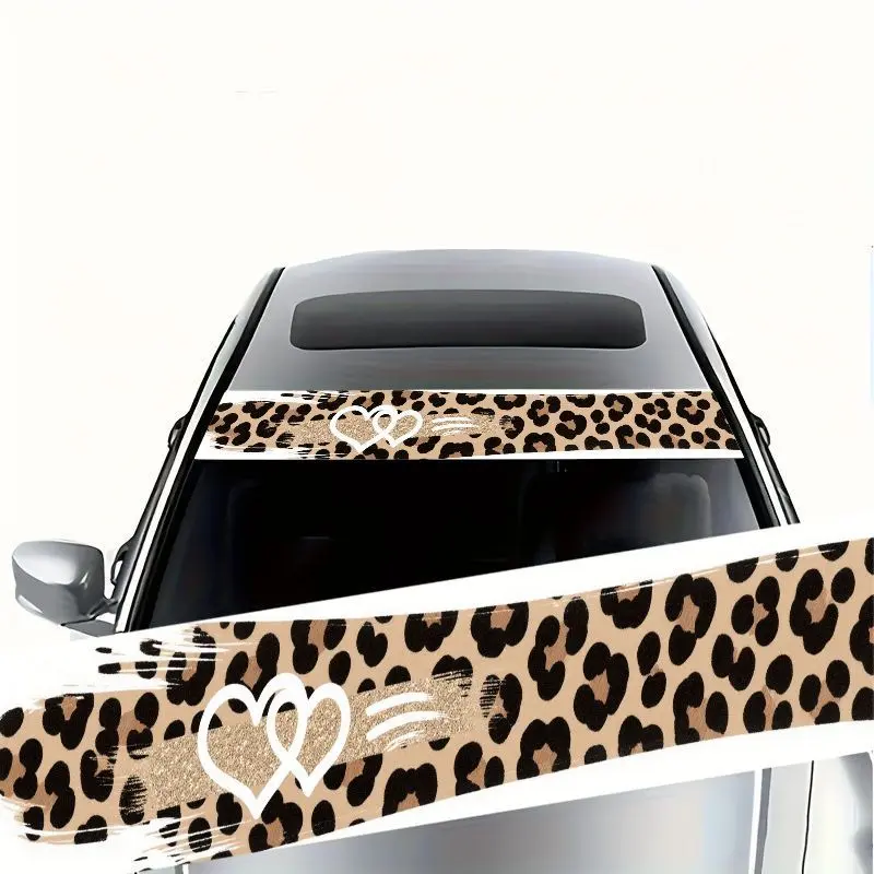 A Single Stylish Car Front Windshield Sticker with a Leopard Print Design, Showcasing Sophisticated Overlapping Heart Patterns on a Trendy Beige Backdrop - It Is Waterproof And Long-Lasting