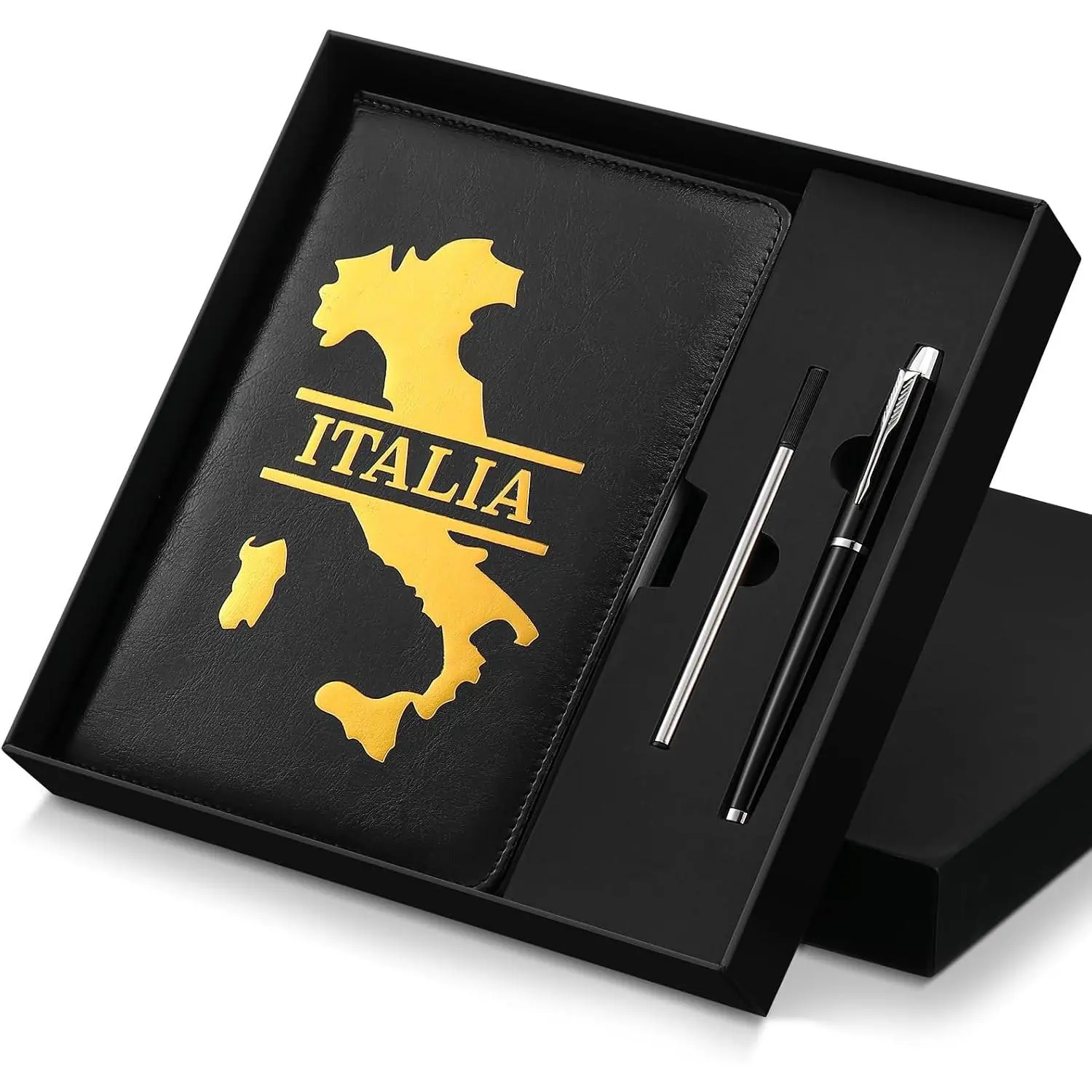 3 count  Souvenir  Set A5 Lined Leather Journal with  Embossed Map of  Notebook and Black Pen for Work, Business, School or  Writing, Travel Planner,  Box Included