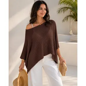 Open Knit Beach Cover Up Poncho Top for Women, Loose Off Shoulder Crochet Sweater with Asymmetrical Hem, Sheer Summer Swimwear Coverup for Vacation Resort Wear