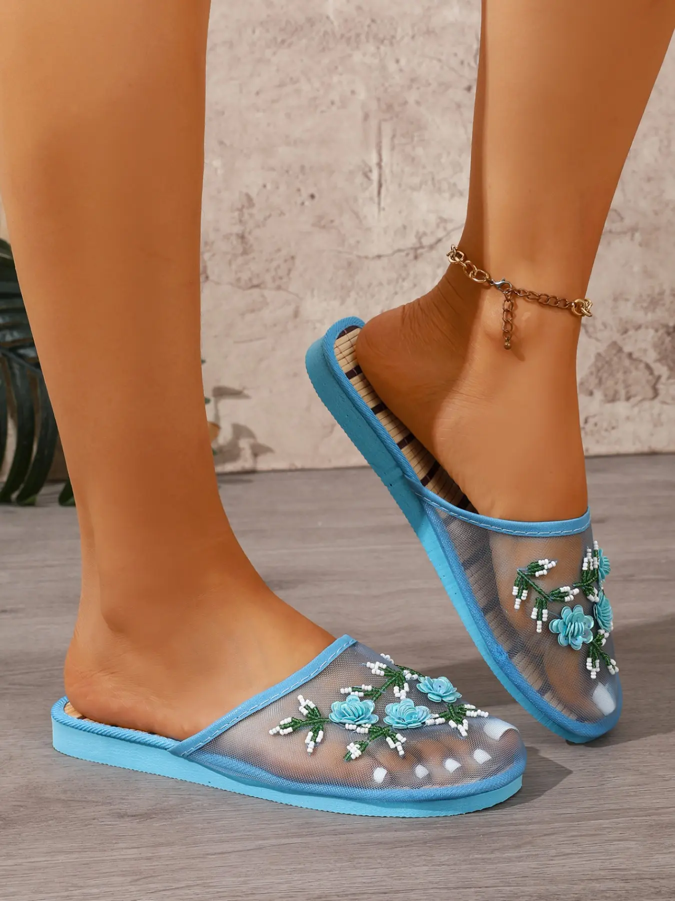 New Lace Mesh Embroidered Slippers, Vintage Handmade Beaded Toe Slippers, Comfortable Flat Sandals for Home and Outdoors, Summer Slide Slippers