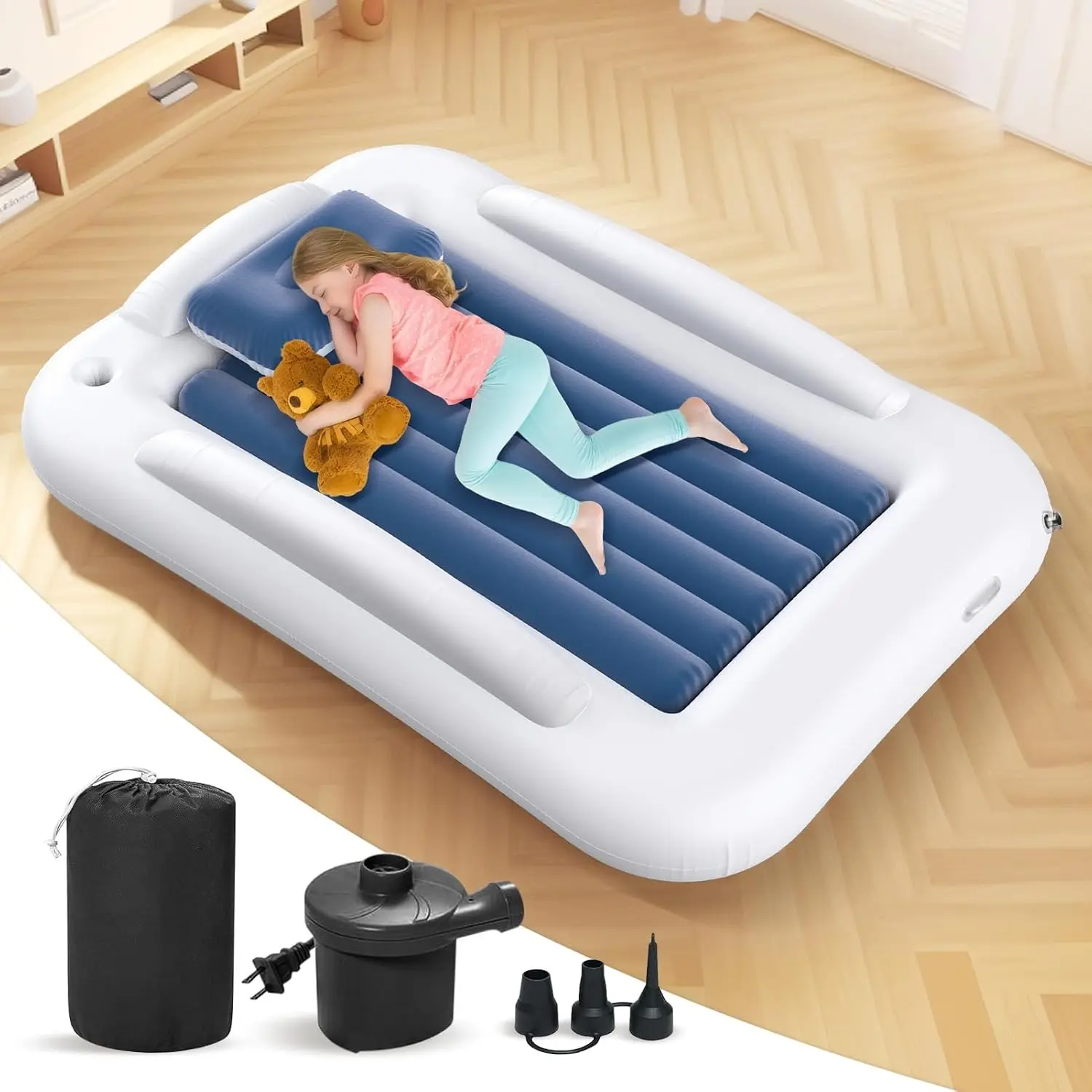 60-Inch Inflatable Toddler Travel Bed with Safety Sides, Portable Kids Air Mattress with Built-in Electric Pump & Carry Case, Easy to Inflate, Sea Blue(Gift)