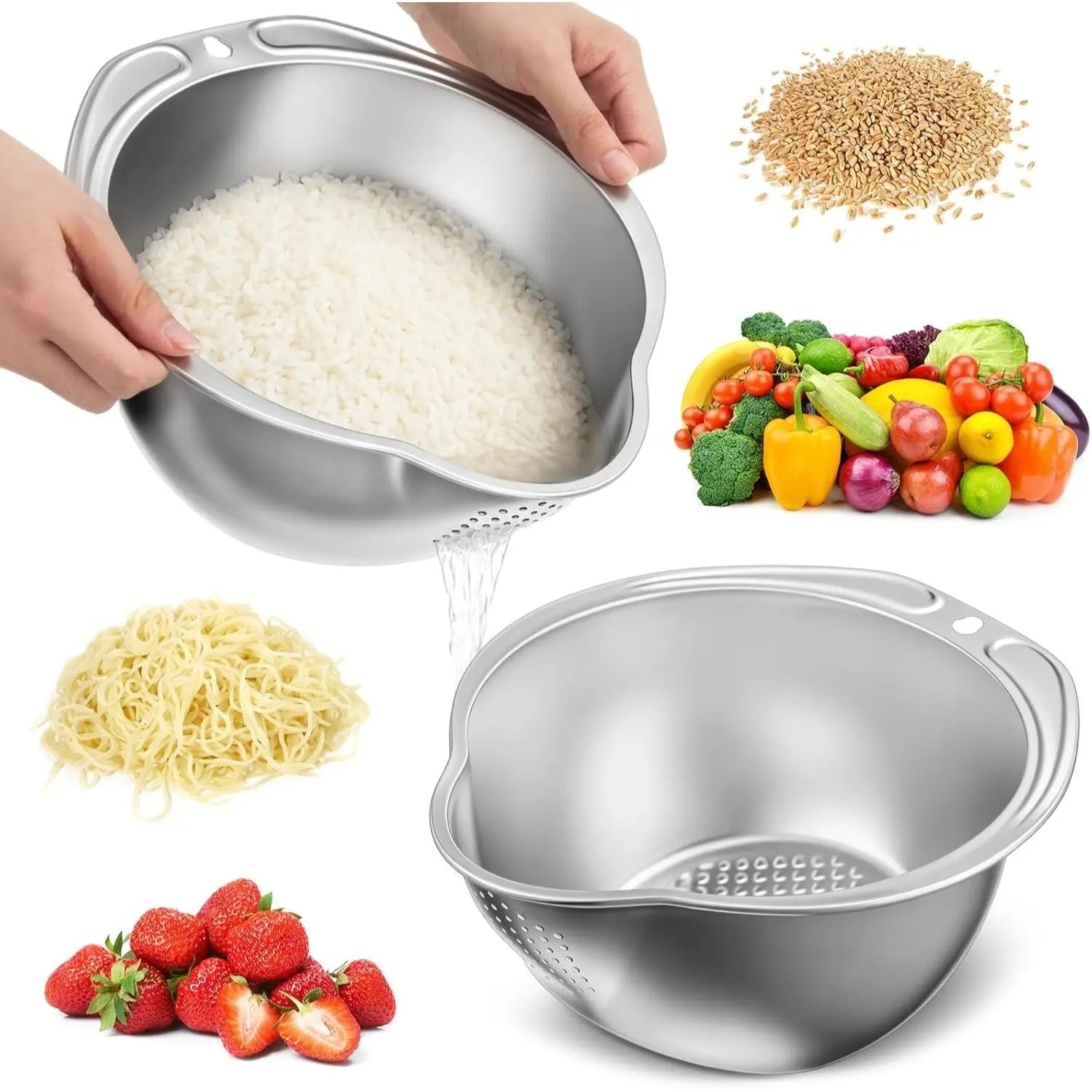 Rice Washer Strainer Bowl - 4-in-1 Washing Bowl for Quinoa, Stainless Steel Rinser With Side Drainers Small Colander for Cleaning Fruits, Vegetables, and Beans - Versatile Kitchen Tool，Father's Day Gift