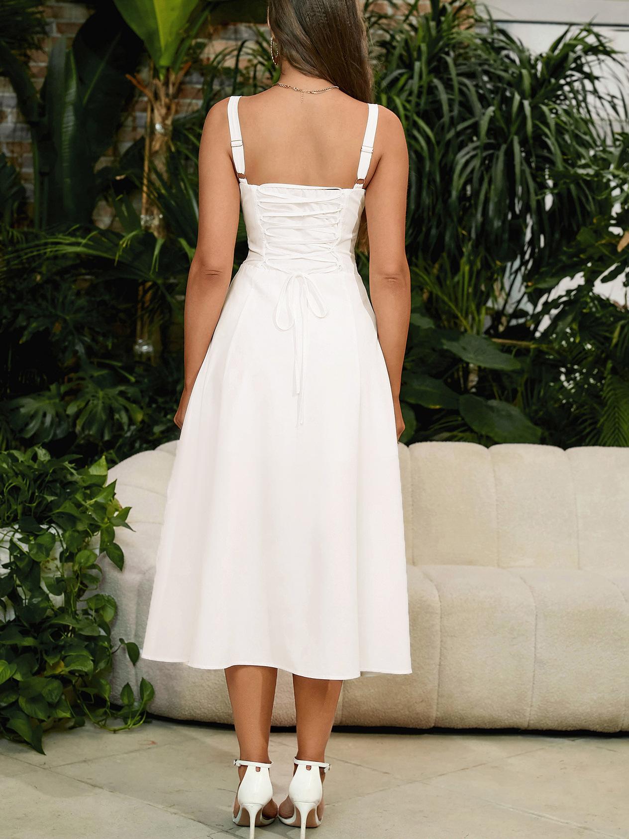 2026 Spring Summer Women's Fishbone Suspender Dress Lace Up Drawstring Bustier Split Hem Bodycon Slim Fit Stretchy Party Dating Vacation Sundress