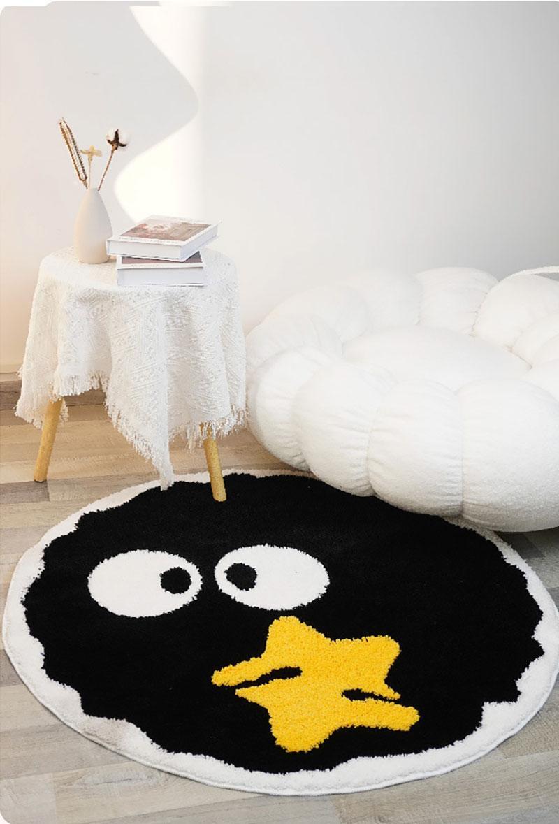 Cute Black Briquettes Carpet Soft Plush Shaggy Round Lounge Rug Anti-Slip Cartoon Style Cozy Living Room Home Decor Rugbriquette