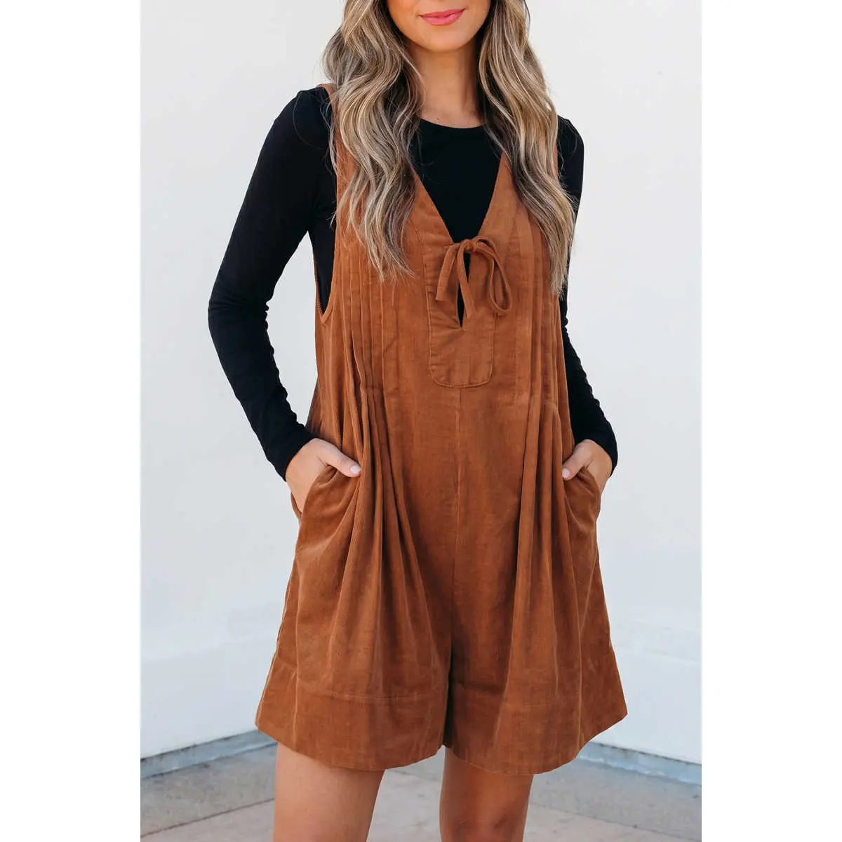 Cinnamon Solid Color Tie V Neck Sleeveless Corduroy Romper
