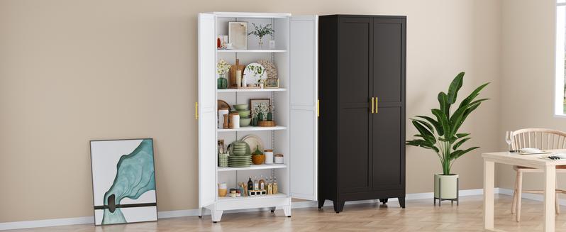 Metal Pantry Cabinet with 2 Doors and Adjustable Shelves - 71" Kitchen Storage Cabinet with Gold Handles - Versatile Storage for Kitchen, Bathroom, Dining Room, Utility Room - White