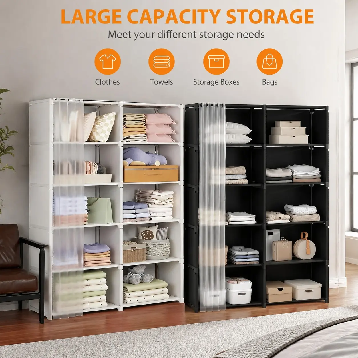 Bedroom Storage Rack with Dust-Proof Curtain, Dual Row Interlocking Clothes Organizer, Large Capacity Wardrobe for Living Room Balcony, Clothes Closet Organizer