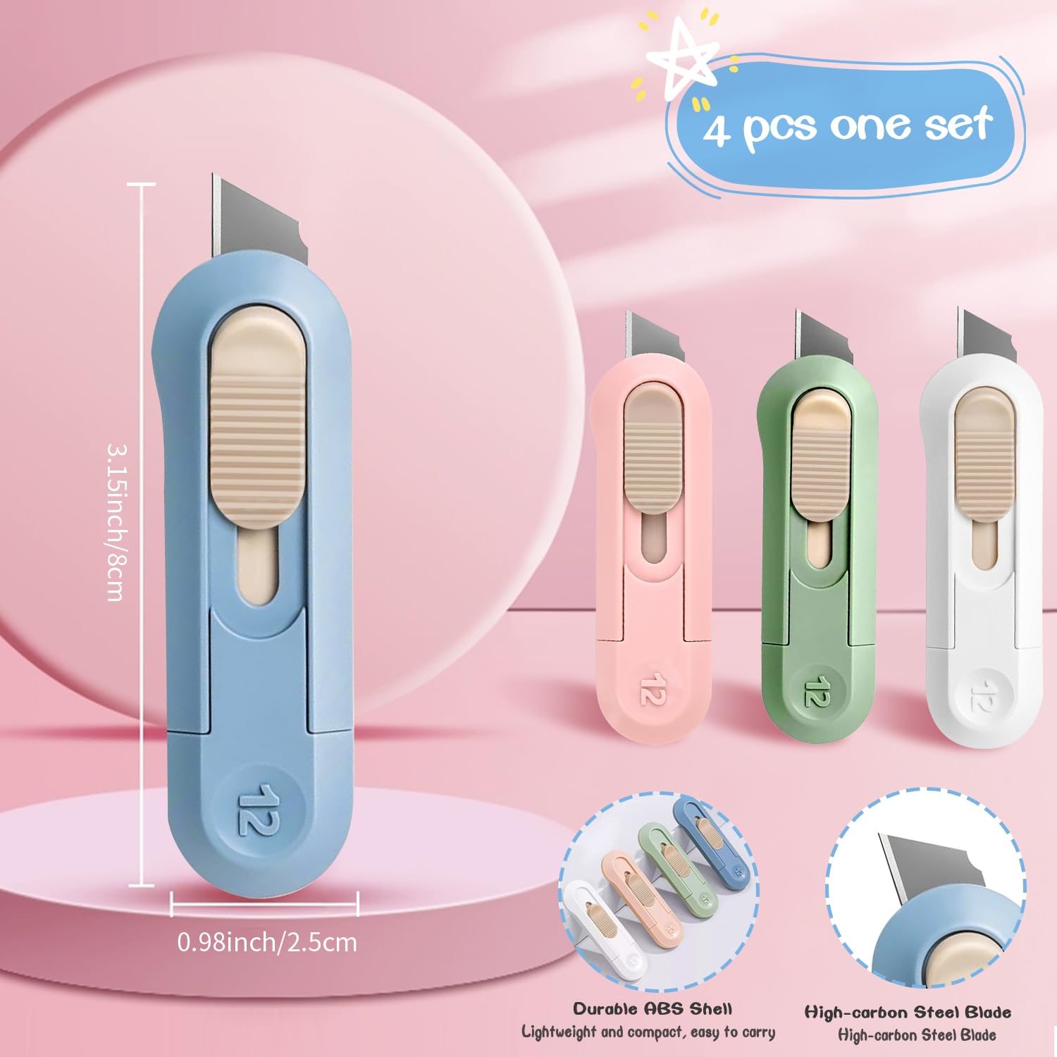 4pcs Retractable Utility Knife, Portable Expandable Mini Box Cutter for Envelopes, Cardboard, Packages| Safe Office & Home Craft Tool, Gift Set with Blade Storage