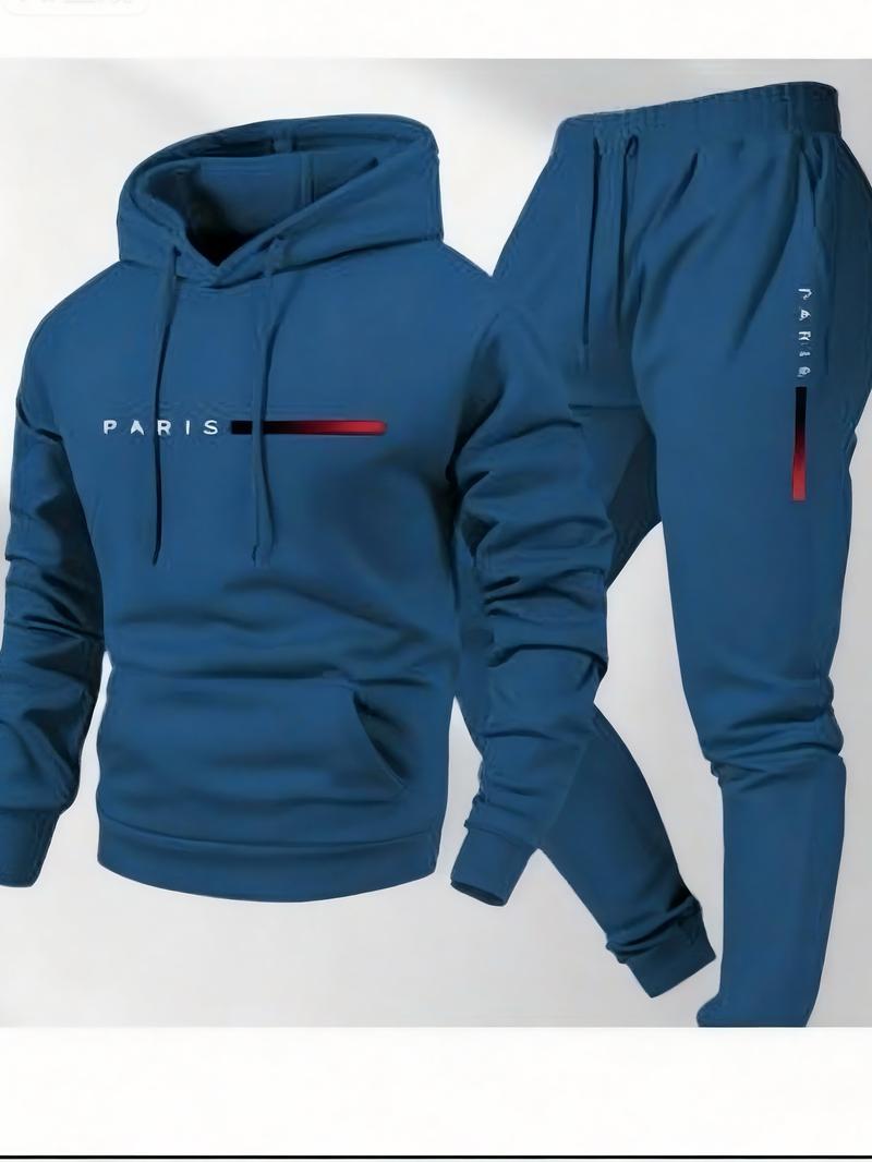 Men's Casual Hoodie Tracksuit 2 Piece Set - Light Gray Fashion Letter Print Sweatshirt + Drawstring Jogger Pants Sportswear for Daily/Leisure