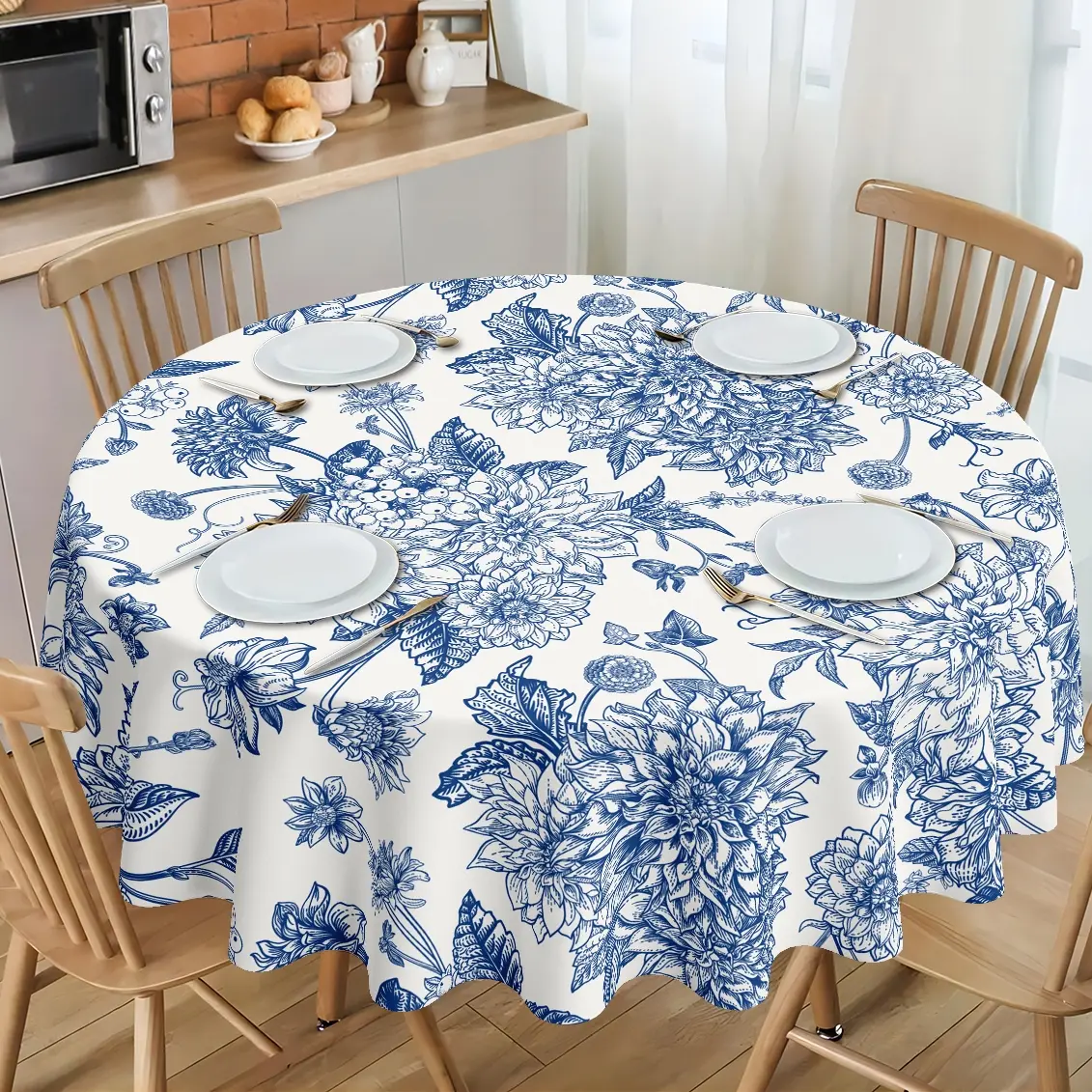 Elegant Blue Floral Tablecloth | Vintage Toile Sketched Flower Pattern | Classic French Country Style Table Cover for Dining Room, Kitchen & Spring Tea Parties | Beautiful Home Decor