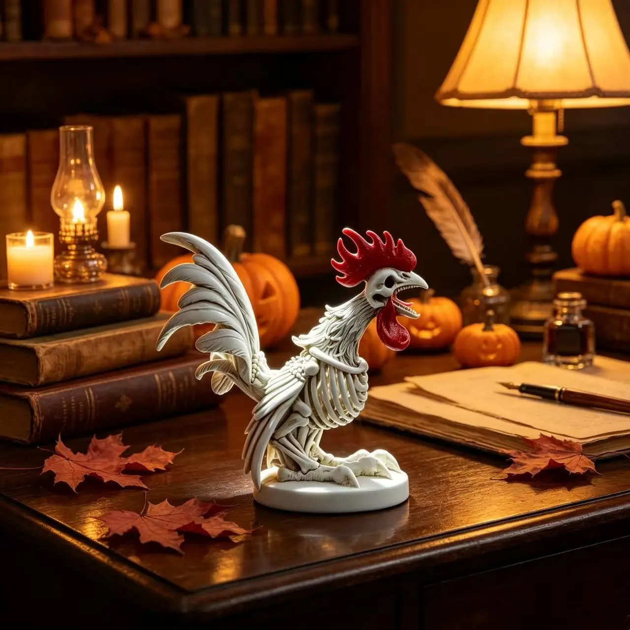 Gothic Skeleton Rooster Resin Ornament, Halloween Bone Chicken Statue, Spooky Farm Animal Table Decor, Home Party Display