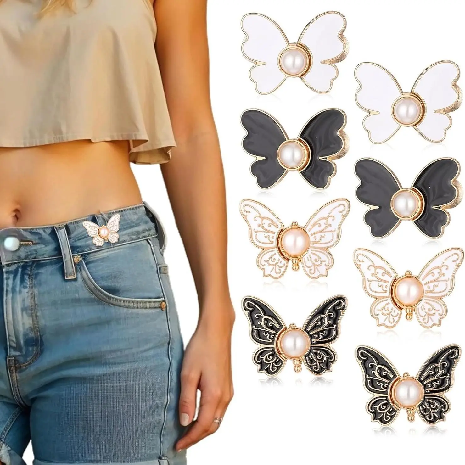 4-Pack Adjustable Waist Buckle Set, Detachable Butterfly Button Clips for Loose Jeans, Unisex Decorative Clip-On Fasteners, Versatile Clothing Accessory