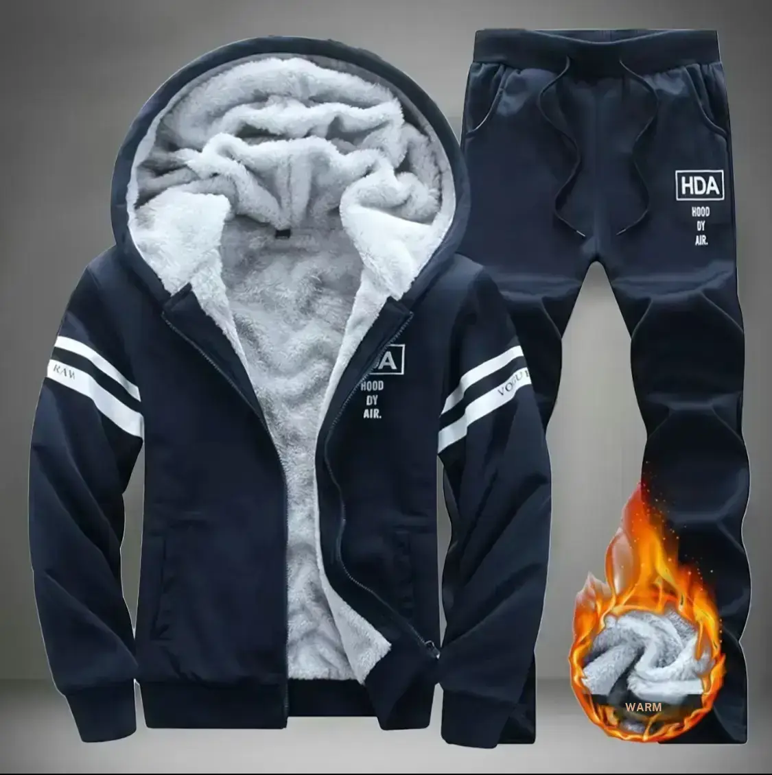 Men's Fitted 2-Piece Hooded Sweatsuit - Menswear Fashion Fleece-Lined Casual Set with Long Sleeve Striped Polyester Top and Drawstring Ankle Length Pants for Warmth