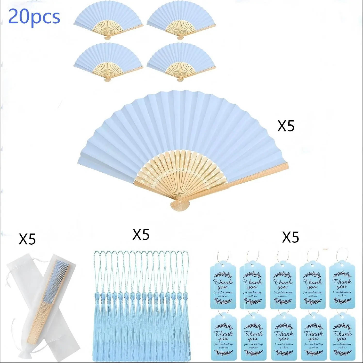 Outdoor Wedding Atmosphere Gift Set, Blank Paper Fan Kit with Mesh Bag, Ribbon, Thank You Tag, Complete Wedding Souvenir Package